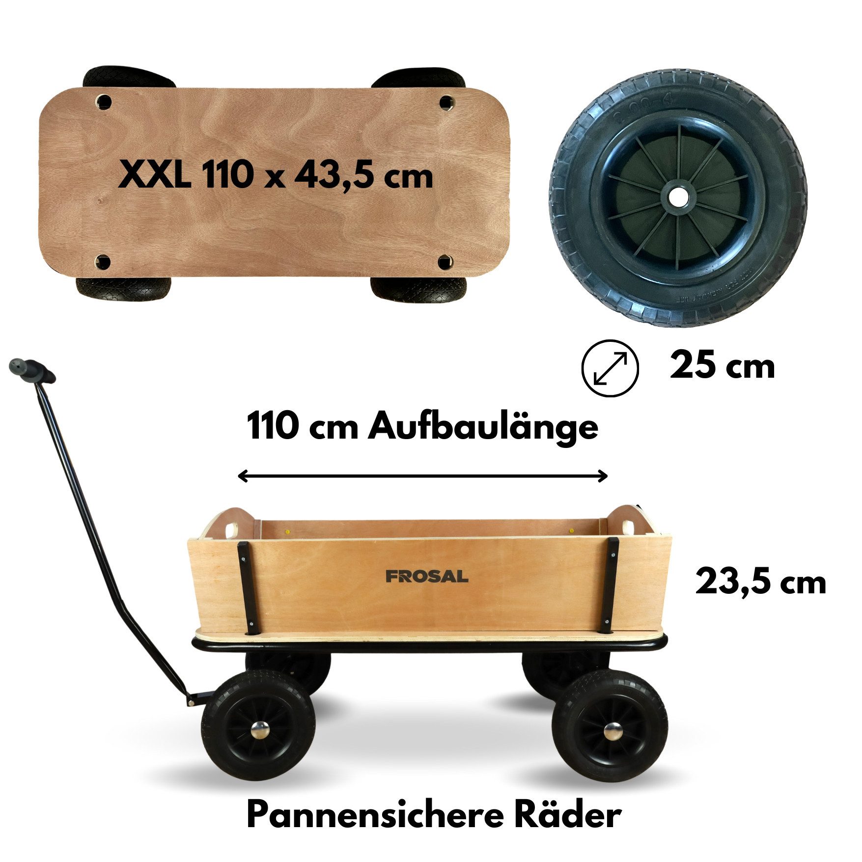 Frosal Bollerwagen Holz Jörn XXL 110 cm lang Transportwagen Handwagen, geräumig Bollerwagen Holz XXL