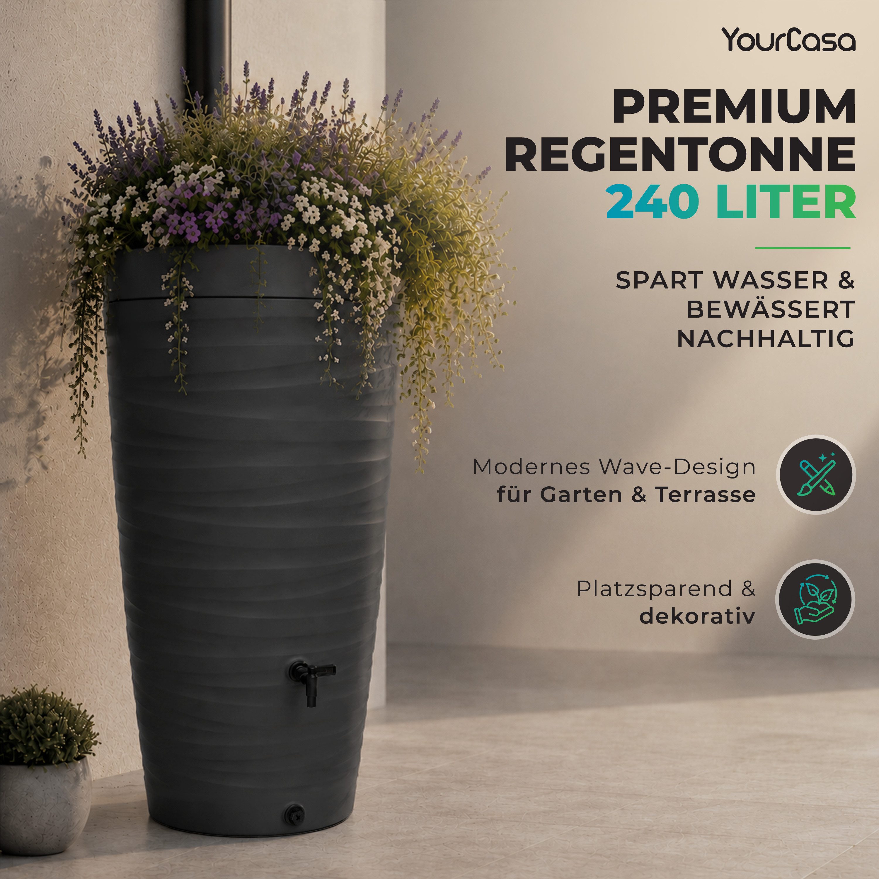 YourCasa Regentonne 240 Liter [Wave Design] Regenfass aus Kunststoff mit Wasserhahn, Bepflanzbar,240L,mit Wasserhahn