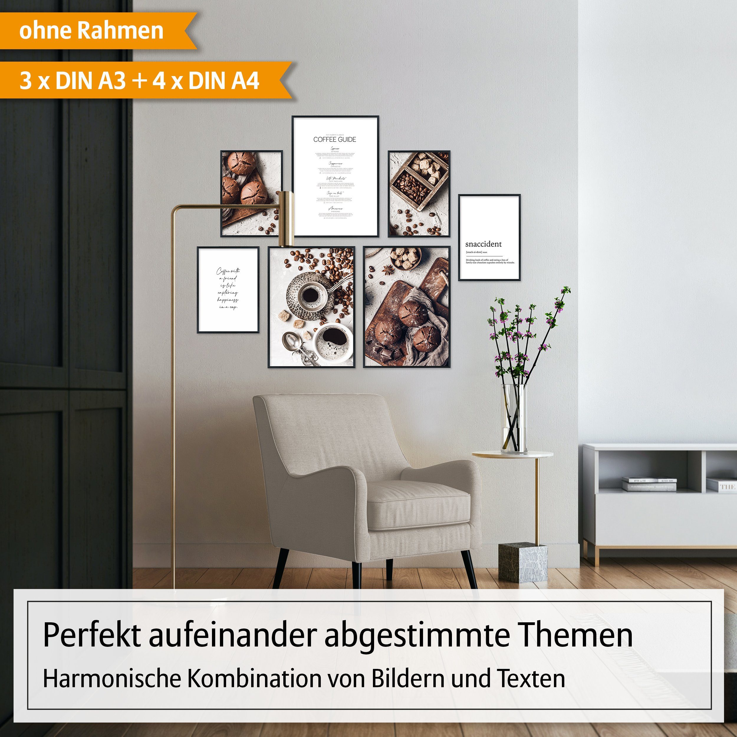 Hyggelig Home Poster Kaffee & Muffins, Premium Poster Set OHNE & MIT Rahmen - 7 Wandbilder, Essen (Set, 7 St), Collage Coffee Lover, Qualitätsdruck dickes Papier