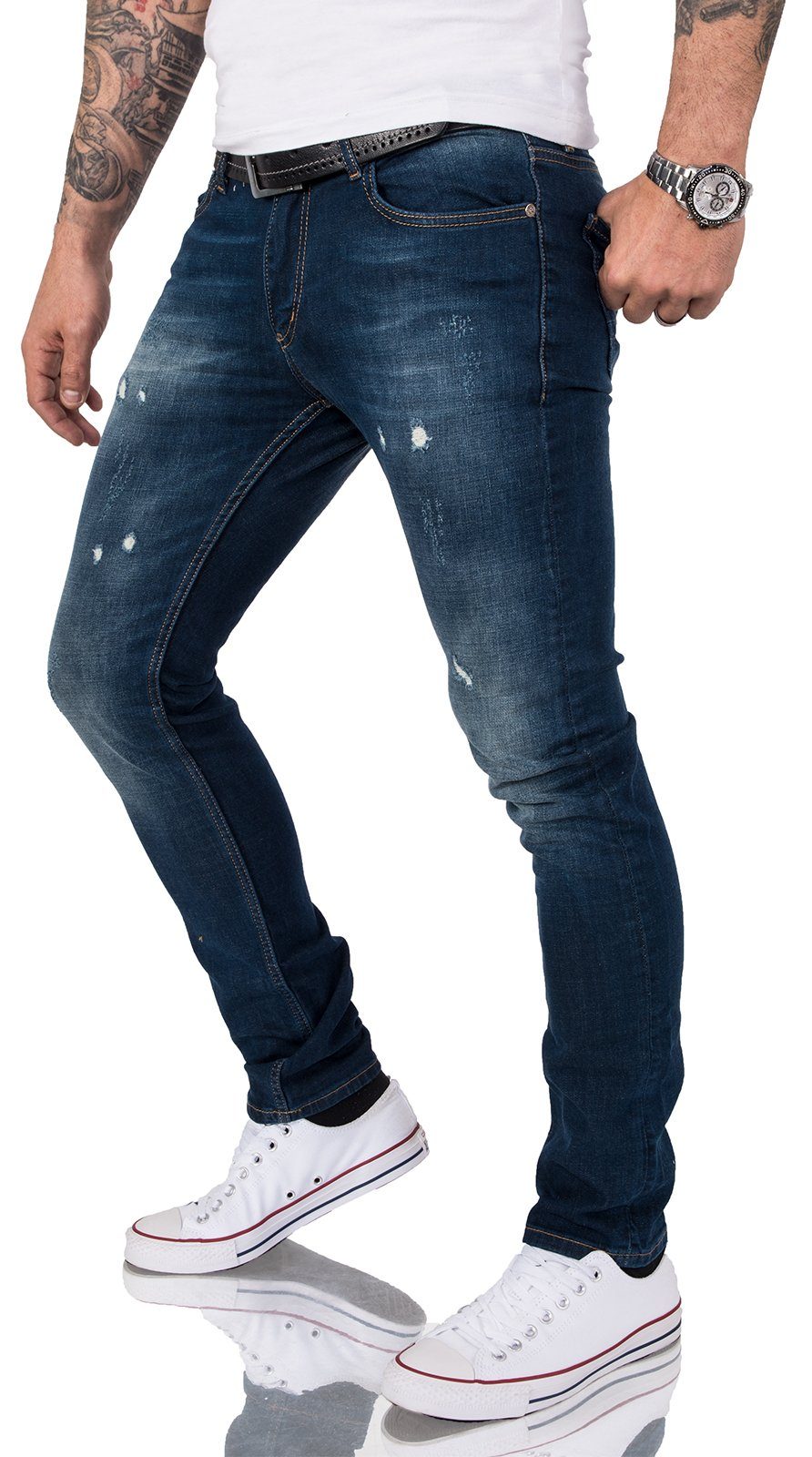 Gelverie Slim-fit-Jeans Herren Jeans Stonewashed Dunkelblau günstig online kaufen