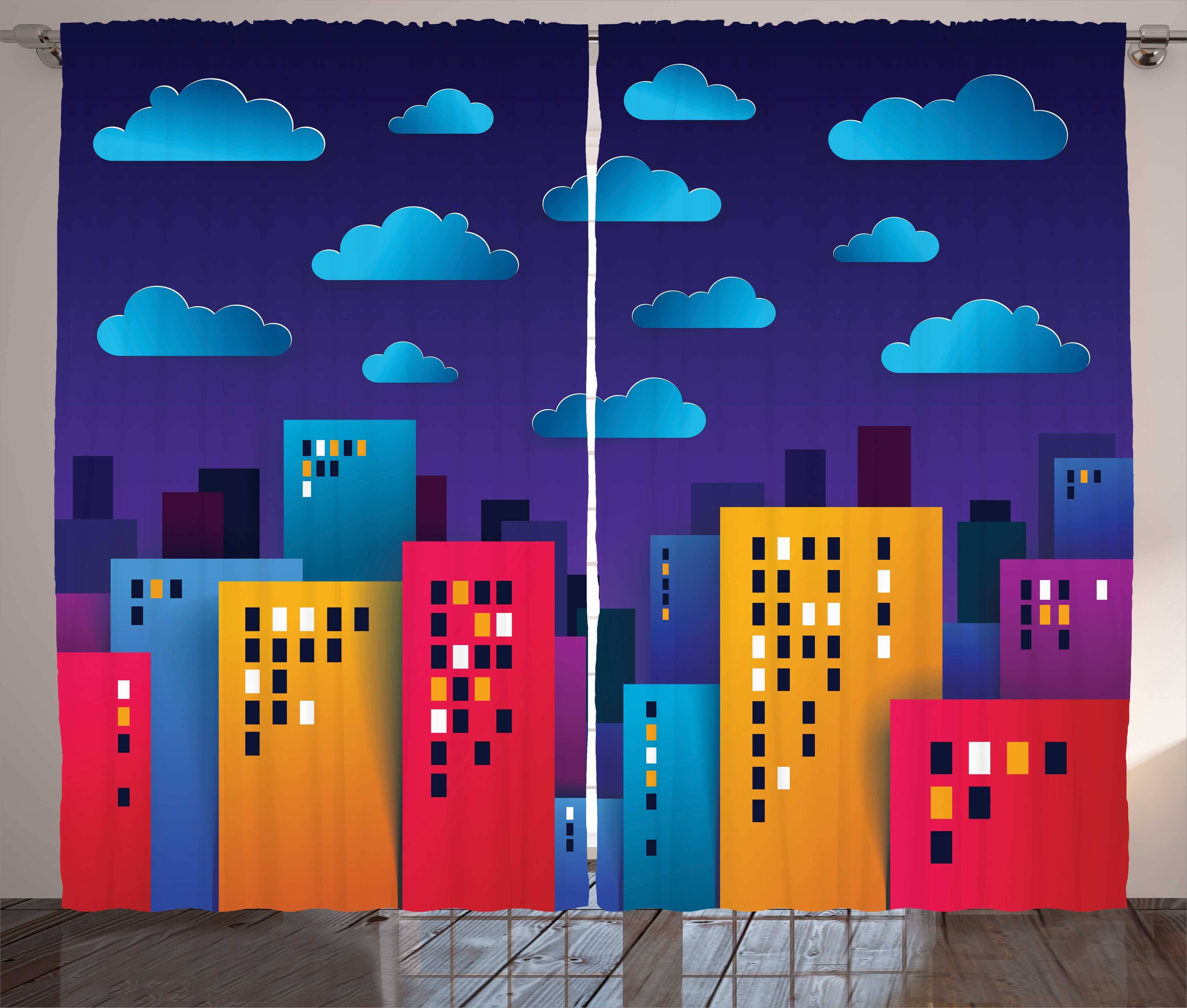 Gardine Schlafzimmer Kräuselband Vorhang mit Schlaufen und Haken, Abakuhaus, Urban Art Bunte Business-Skyline