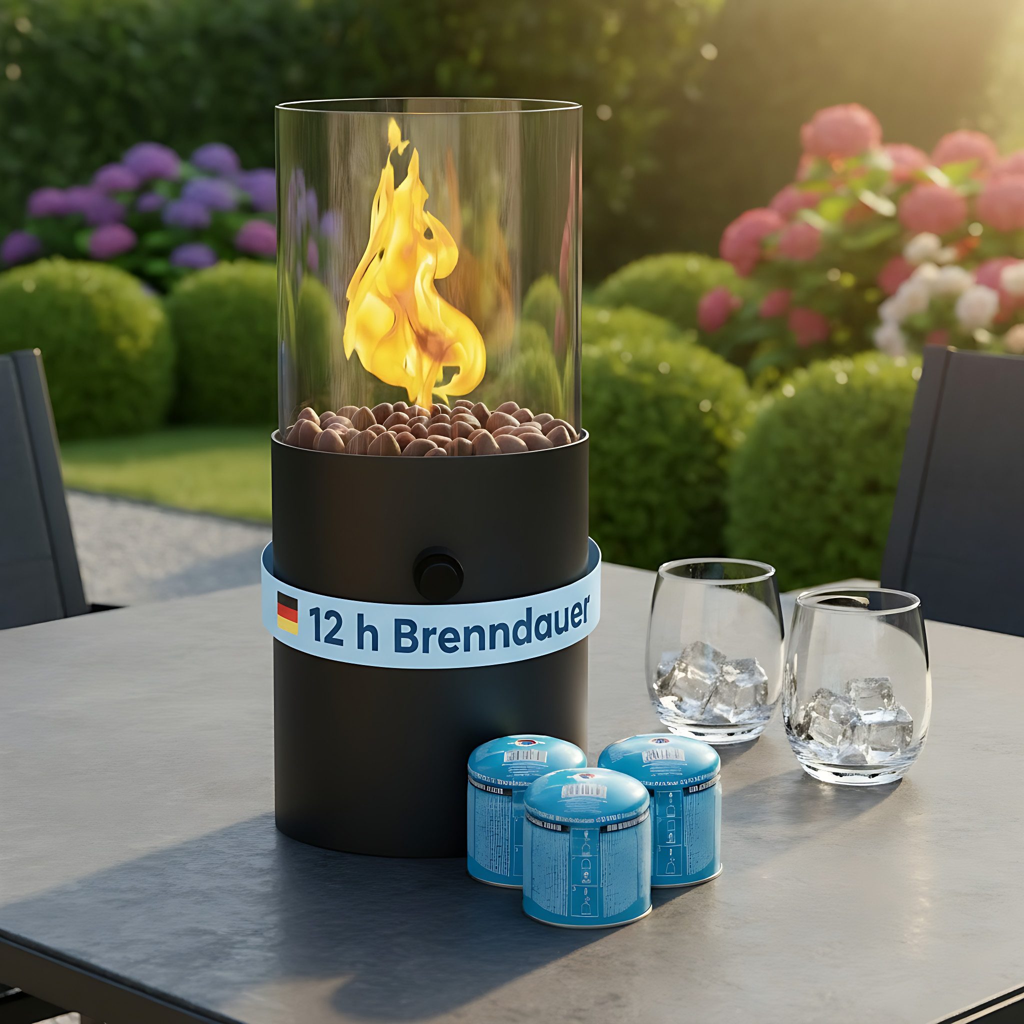 TOM Echtfeuer-Dekokamin Tischkamin Gas mit 3x 190g Kartuschen, 12h Brenndauer, Dekosteine, Rund, Outdoor, Indoor