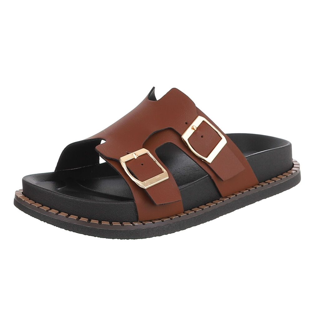 Ital-Design Damen Sandale mit Schnallen und Profilsohle Pantolette (91970956) Flach Pantoletten in Braun