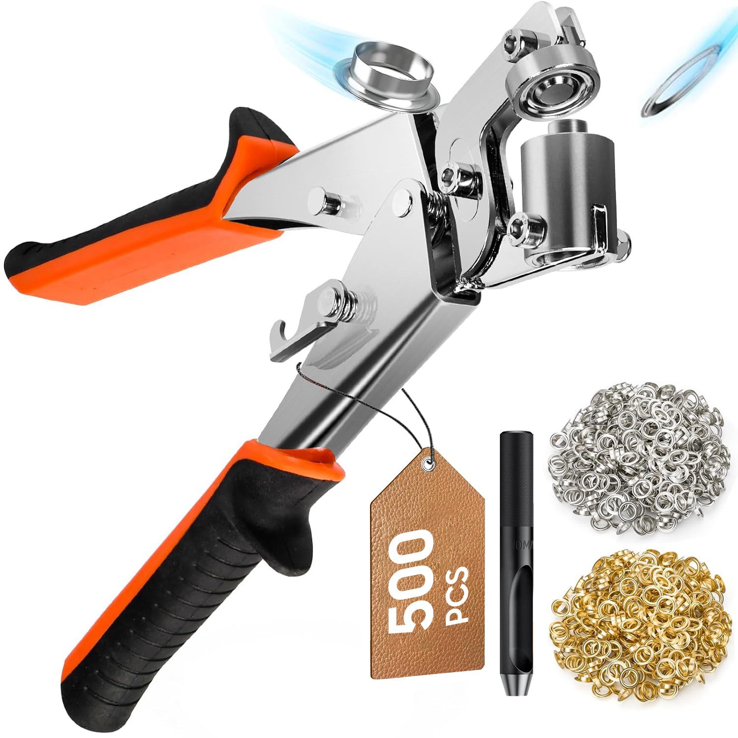 SURFOU Ösenzange Profi Ösenzange Set mit 500 rostfreien Ösen (10mm), Pressen-Set, mit 1 Schlagwerkzeug, für Perfekt für Leder, Gürtel, Awnings, Stoffe