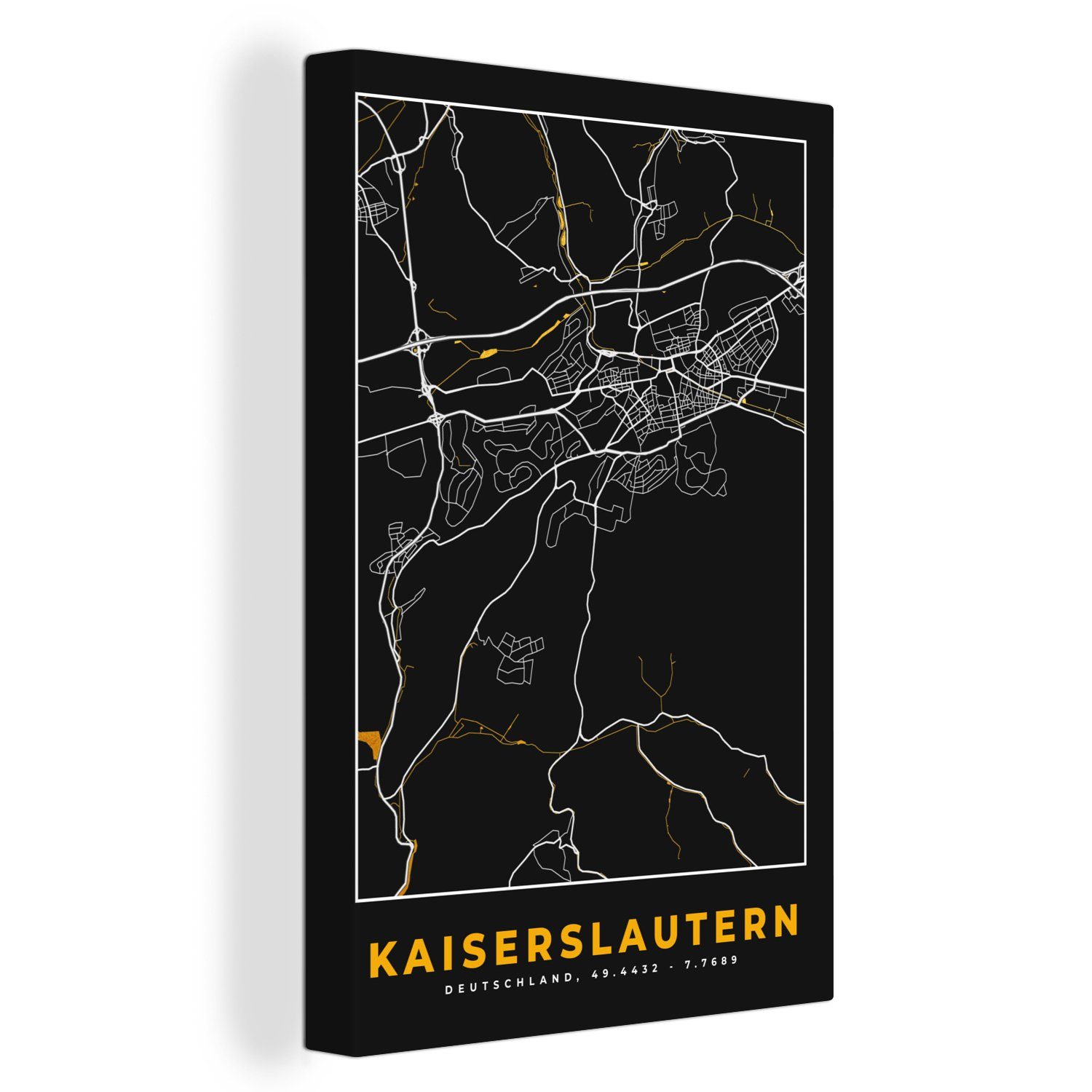 OneMillionCanvasses® Leinwandbild Kaiserslautern - Schwarz und Gold - Stadtplan - Karte - Deutschland, (1 St), Leinwandbild fertig bespannt inkl. Zackenaufhänger, Gemälde, 20x30 cm