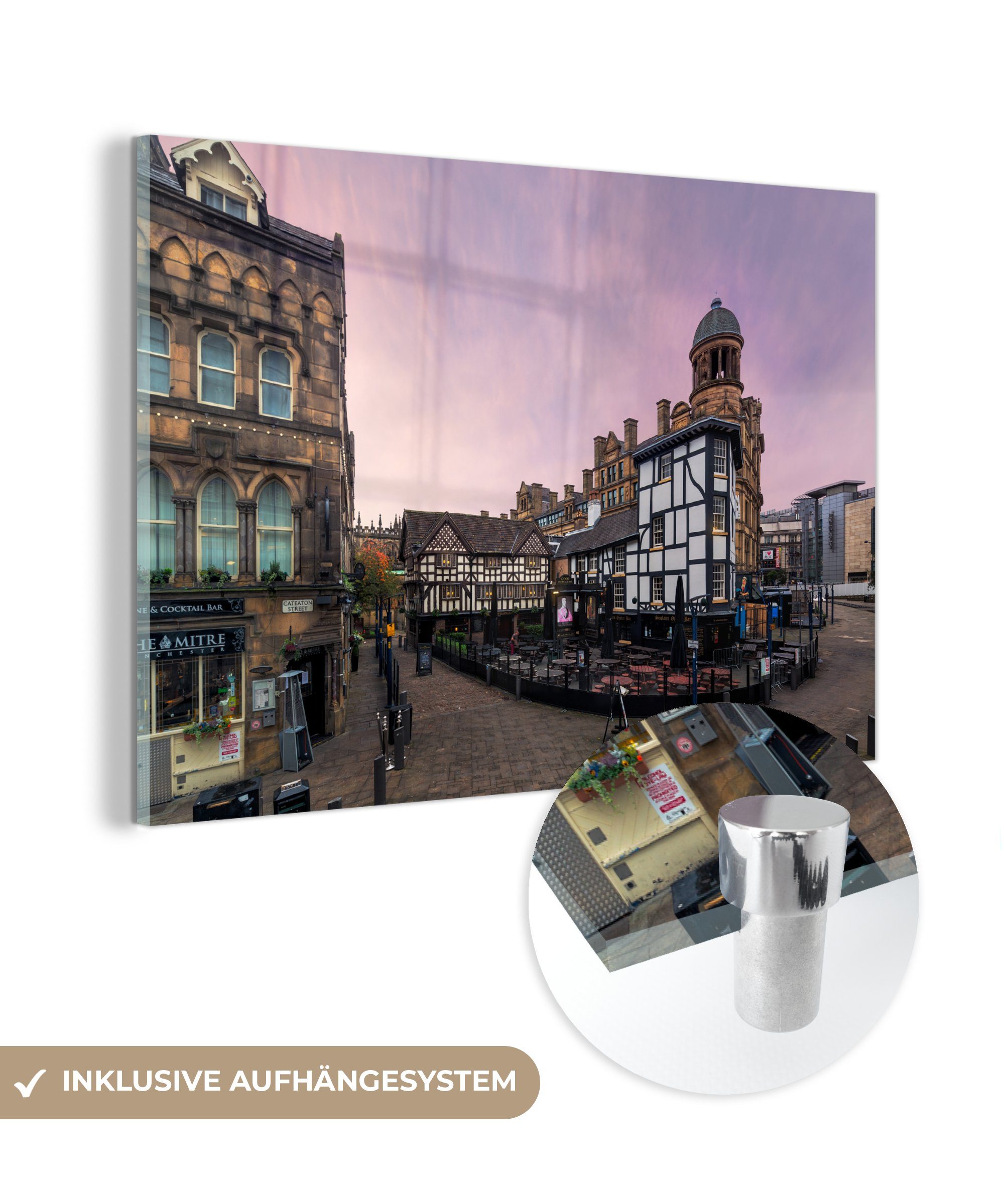 MuchoWow Acrylglasbild Rosa Himmel über Manchester, (1 St), Acrylglasbilder Wohnzimmer & Schlafzimmer | Bilder