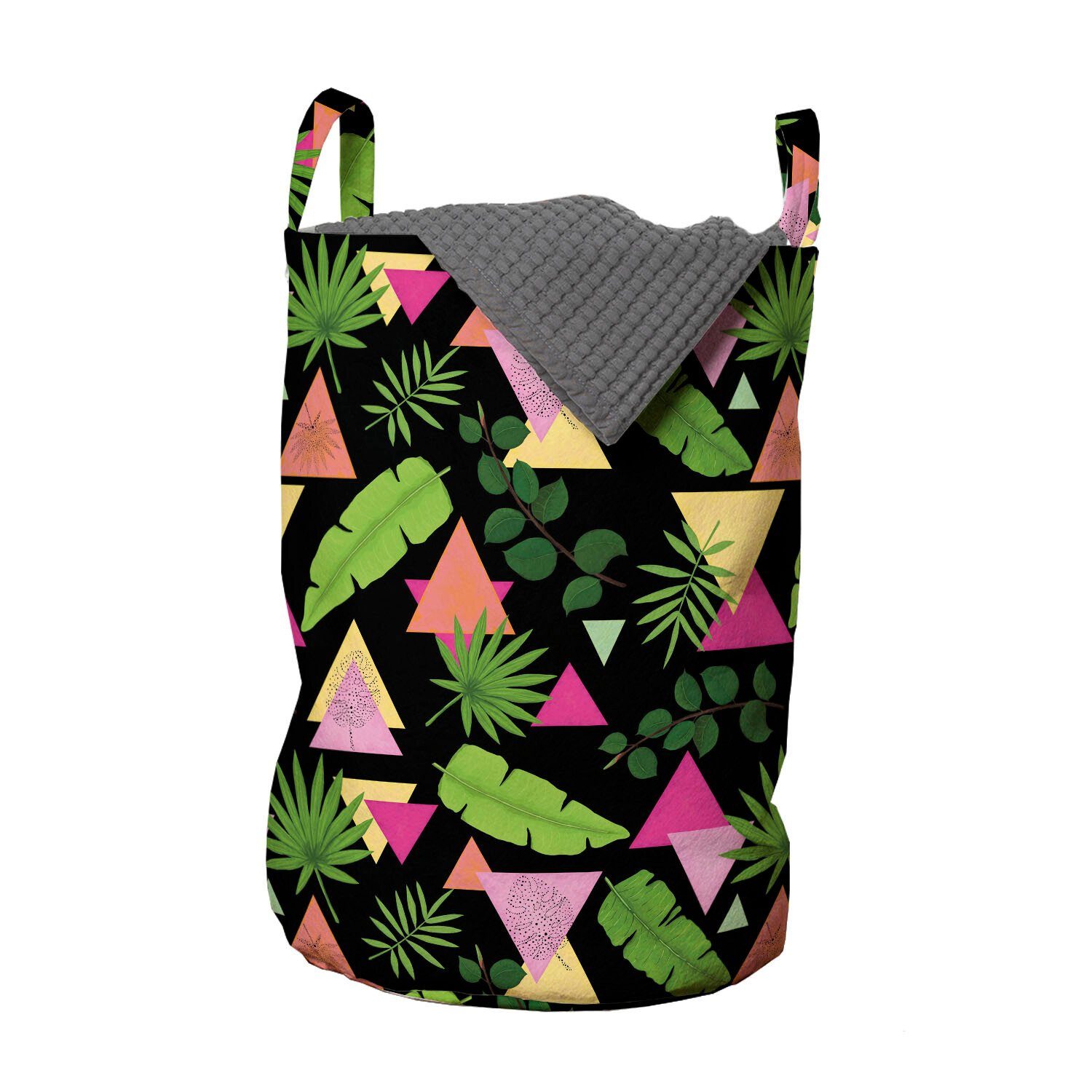 Abakuhaus Wäschesäckchen Wäschekorb mit Griffen Kordelzugverschluss für Waschsalons, Tropisch Exotische Blätter Triangles