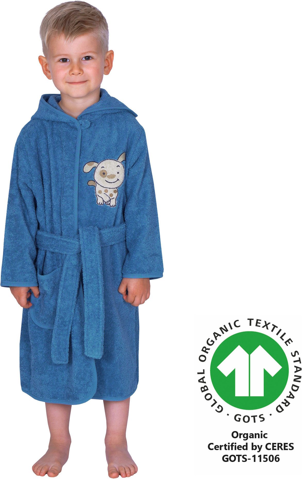 Wörner Kinderbademantel Hund, Langform, Baumwoll-Webfrottier, Kapuze, Gürtel, mit Stickerei, mit Taschen, maschinenwaschbar, trocknergeeignet