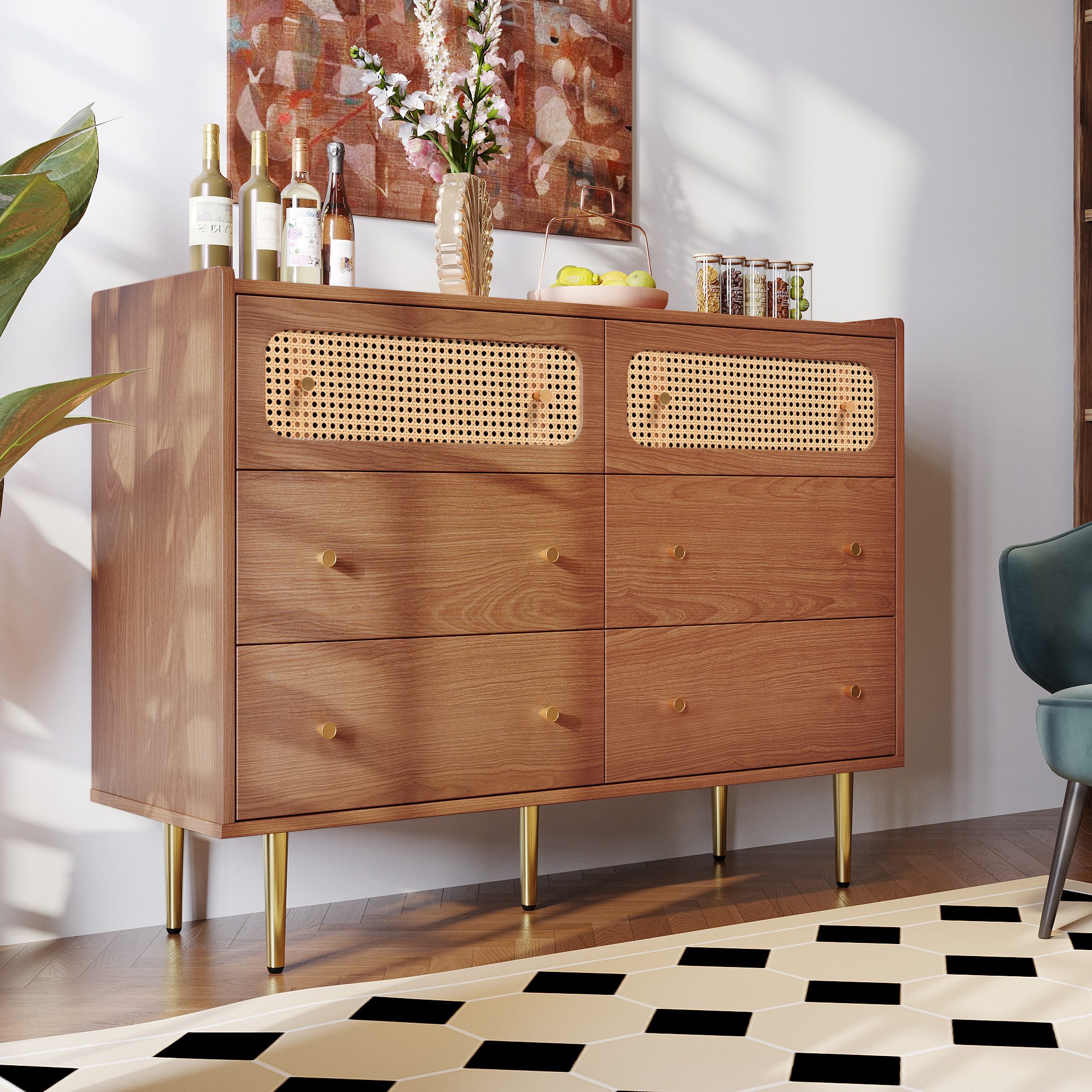 IDEASY Schubkastenkommode Kommode, Rattan-Sideboard mit 6 Schubladen, 90*120*40 cm, (Beine und Griffe aus Metall), geeignet für Schlafzimmer und Wohnzimmer, Walnussfarbe