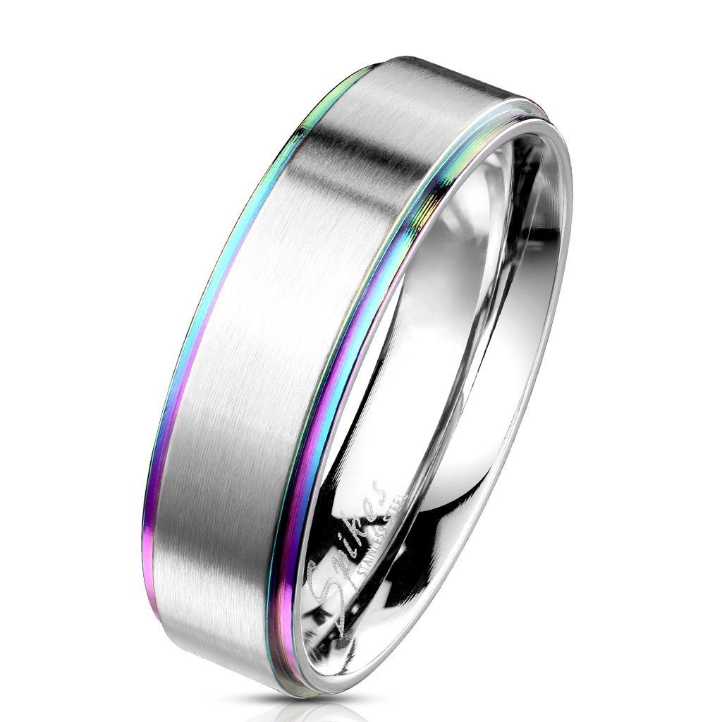 BUNGSA Fingerring Ring Silber gebürstet mit Regenbogen Außenringen Edelstahl Unisex (Ring, 1-tlg), Damen Herren