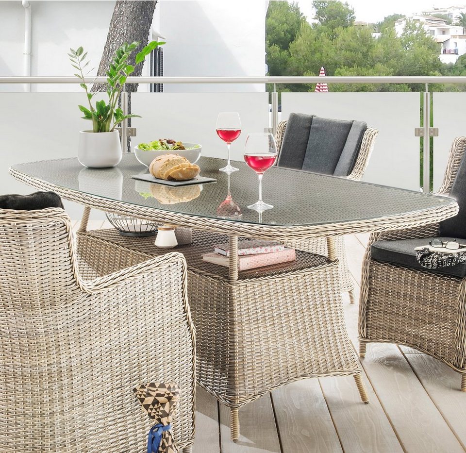 Destiny Garten-Essgruppe LUNA, (Set, 13-tlg), Polyrattan, 4 Sessel, Tisch  200x100x75 cm, inkl. Auflagen, Wertiges handverarbeitetes hochwertige  Halbrundgeflecht aus Polyrattan