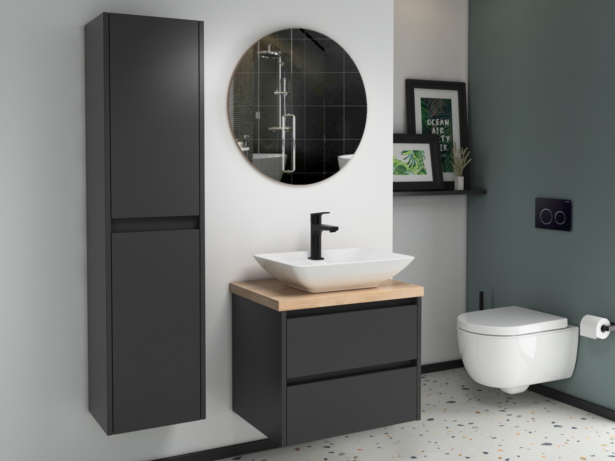 Aqua Bagno Badmöbel-Set Badmöbel 60cm – anthrazit matt lackiert mit Trägerplatte & Waschbecken, (Badschrank vormontiert, 3-St., Badmöbelschrank lackiert, Trägerplatte, Keramikwaschbecken), einfache Montage