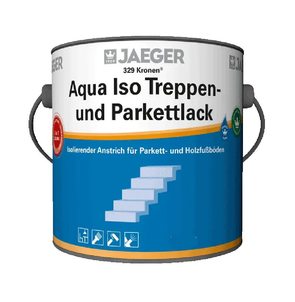 Jaegerlacke Treppen- und Parkettlack Kronen® Aqua Iso Treppenlack für Parkett und Holzfußböden weiss matt, milder Geruch, sehr füllkräftig, Rutschhemmungsklasse R10