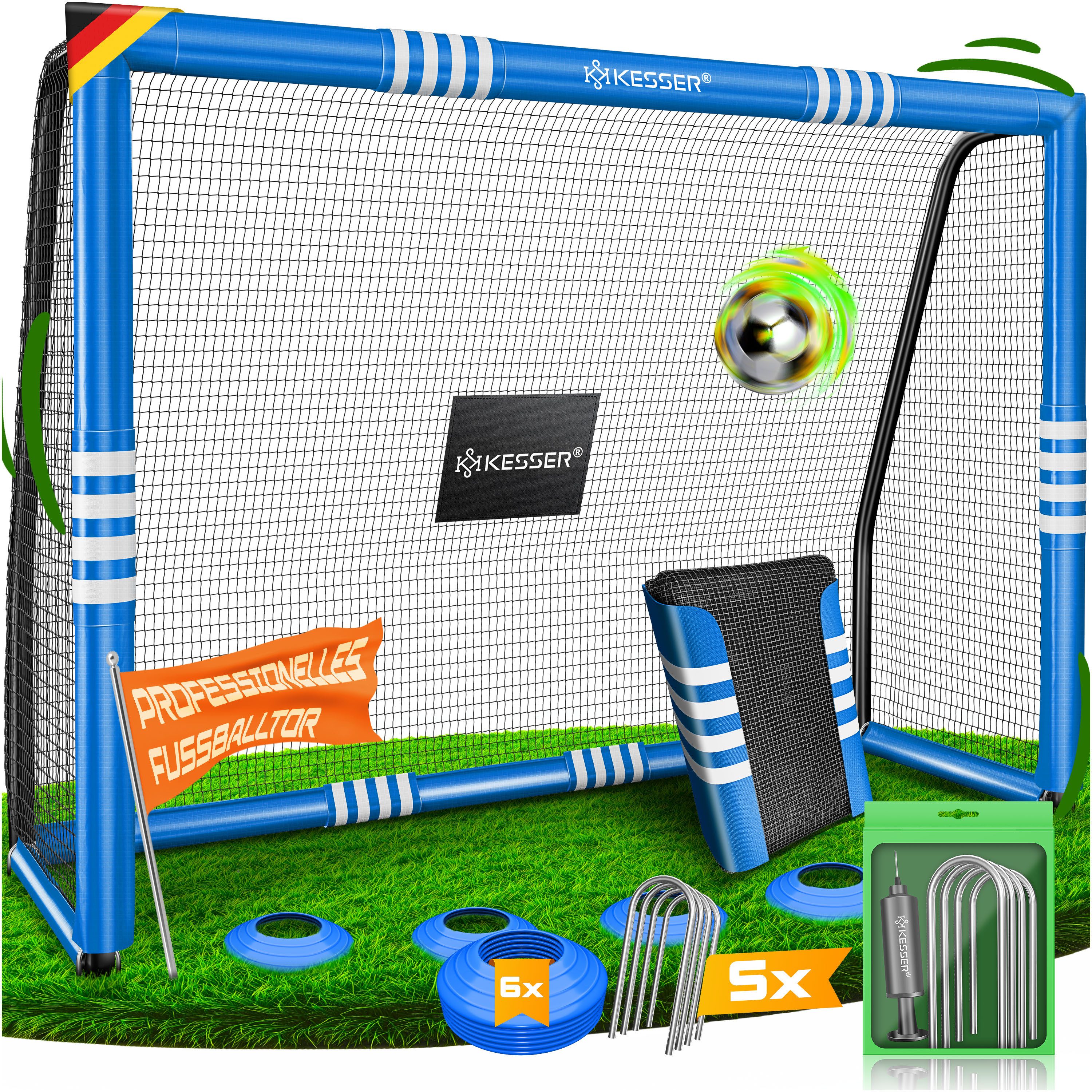 KESSER Fußballtor Hochwertiges Fussballtor mit optionaler Torwand Schusstraining (Stahlrahmen mit Polsterung, Erdhaken, Luftpumpe, Hüttchen), für Kinder und Erwachsene mit UV-beständigem Netz, Montagezubehör