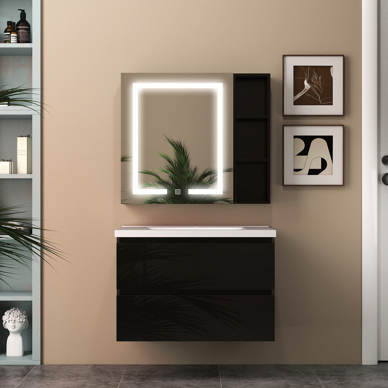 duschspa Badmöbel-Set mit Keramikbecken und Spiegelschrank 3 teilig Gäste WC Waschtisch, (1x Unterschrank 1x Waschbecken 1x Spiegelschrank), 50/60/80/100cm Hochglanz Schwarz / Matt Weiß