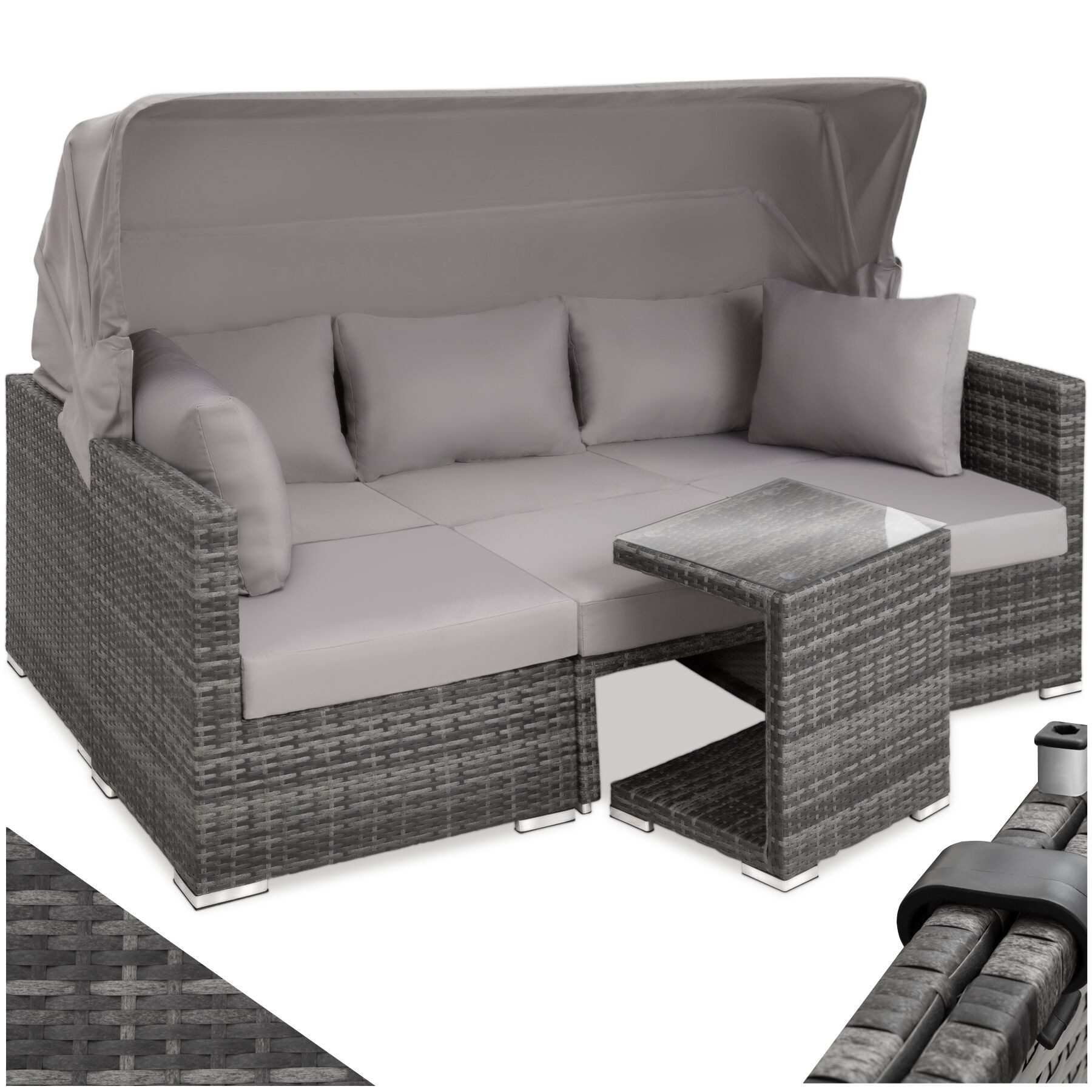 tectake Loungeset Rattan Sitzgruppe mit Sicherheitsglasplatte, für 5 bis 6 Personen, (Gartenlounge-set San Marino, 7-tlg., geeignet für Outdoor in Grau), wetterfest und UV-beständig, Dicke der Polster 10 cm
