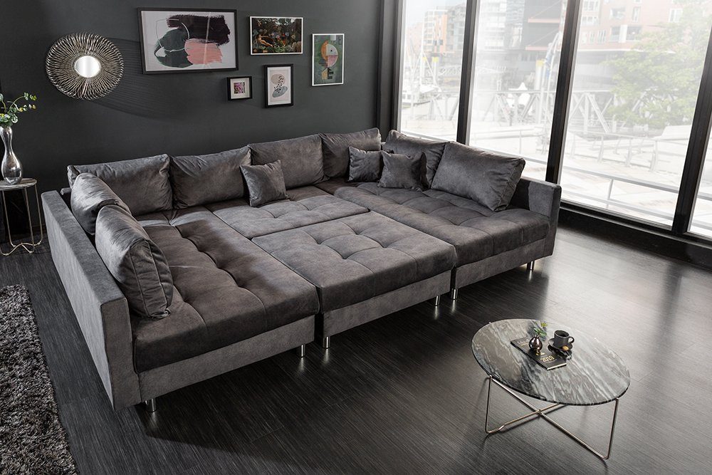 riess-ambiente Wohnlandschaft KENT 305cm grau/silber – Samt, U-Form, mit Kissen & Hocker, Einzelartikel 1 Teile, großes Bigsofa mit Hocker & Federkern – ideal für moderne Wohnzimmer
