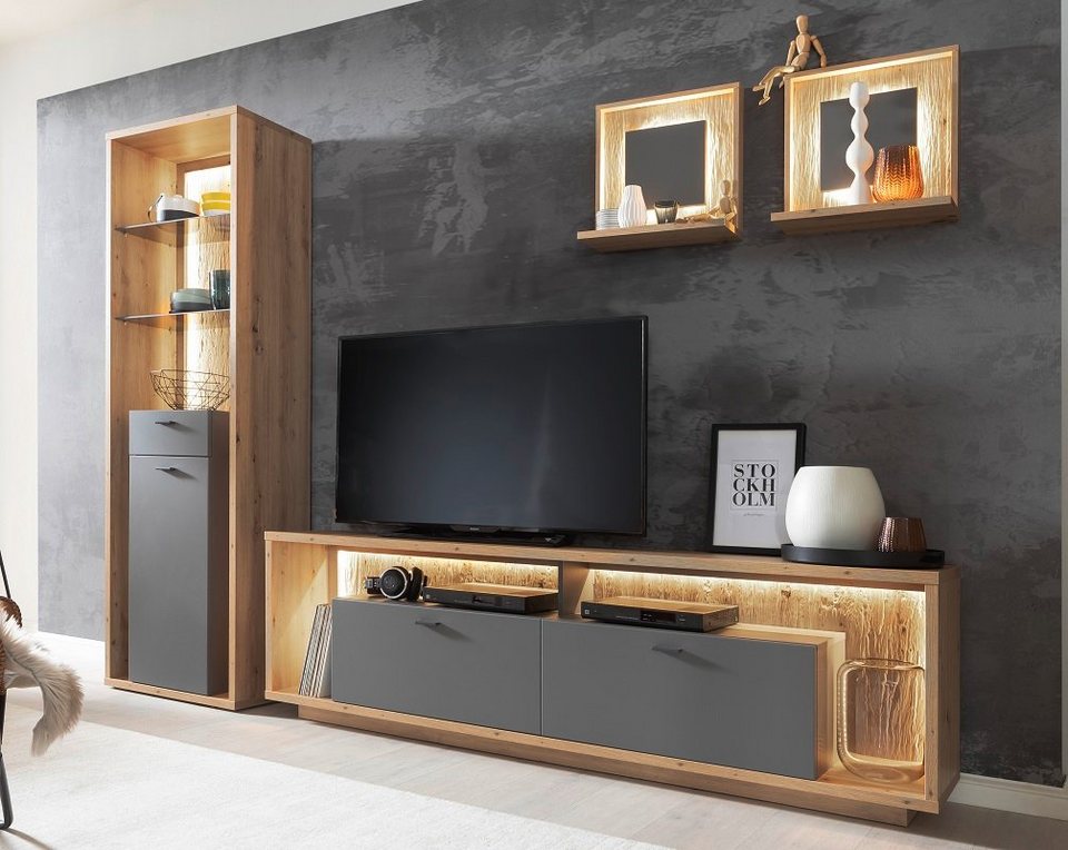 MCA furniture Wohnwand Wohnkombination 1 Lizzano, Balkeneiche / Royal Grey,  3-teilig, LED, (4-St), Touchwood: Mit seh- und fühlbarer Holzstruktur