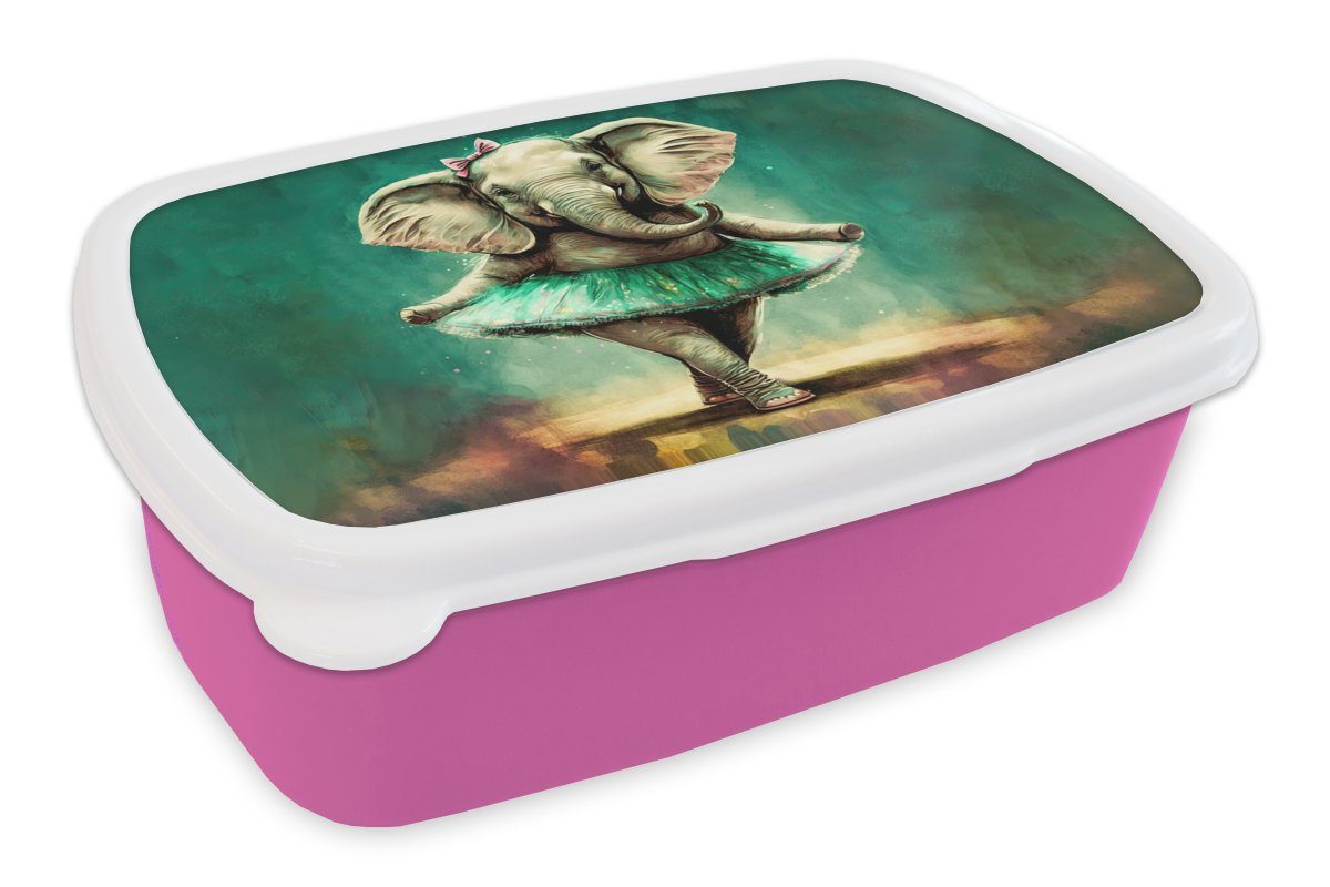 MuchoWow Lunchbox Elefant - Ballerina - Farbe - Bogen - Porträt - Kinder, Kunststoff, (2-tlg), Brotbox für Erwachsene, Brotdose Kinder, Snackbox, Mädchen, Kunststoff rosa