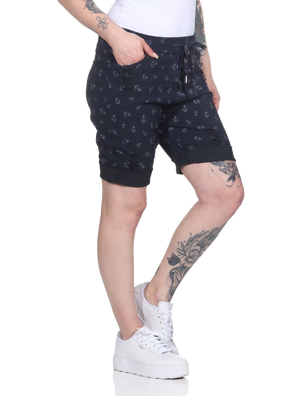 Aurela Damenmode Chinoshorts Kurze Damen Hose Sommer Chino maritime Bermuda moderne Knitteroptik, Vintage, mit Gummibung & Kordelzug