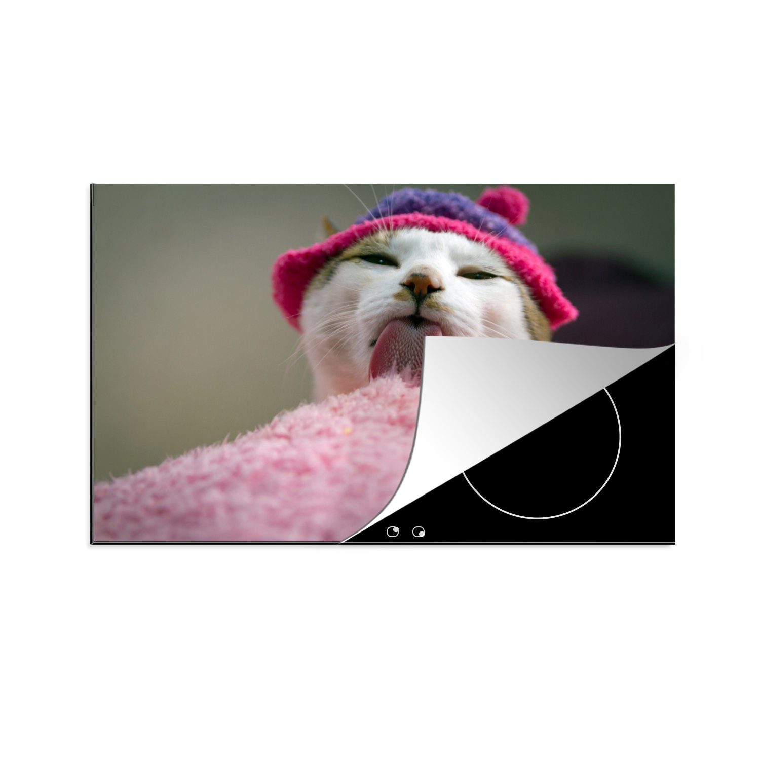 MuchoWow Herdblende-/Abdeckplatte Katze - Kissen - Mütze - Zunge, Vinyl, (1 tlg), 81x52 cm, Induktionskochfeld Schutz für die küche, Ceranfeldabdeckung