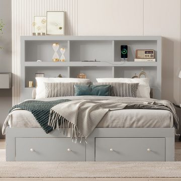 OKWISH Bett Doppelbett, Kingsize-Plattformbett, Holzbett, Lagerungsbett (Kopfteil mit Stauraum, mit zwei Schubladen am Fußende des Bettes), ohne Matratze