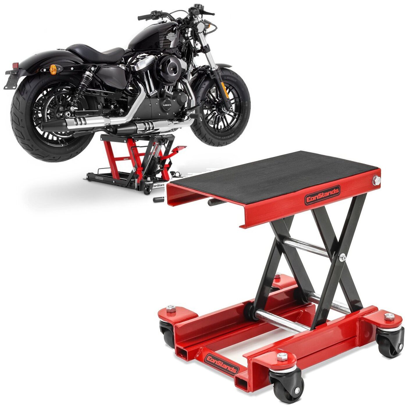 ConStands Motorradheber Set: Hebebühne Mid-lift L bis 680 kg rot # mit Motorrad Hebebühne HR1