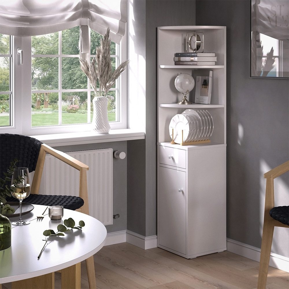 Vicco Eckregal Larry, Weiß, 30 x 135.5 cm mit Tür und Schublade