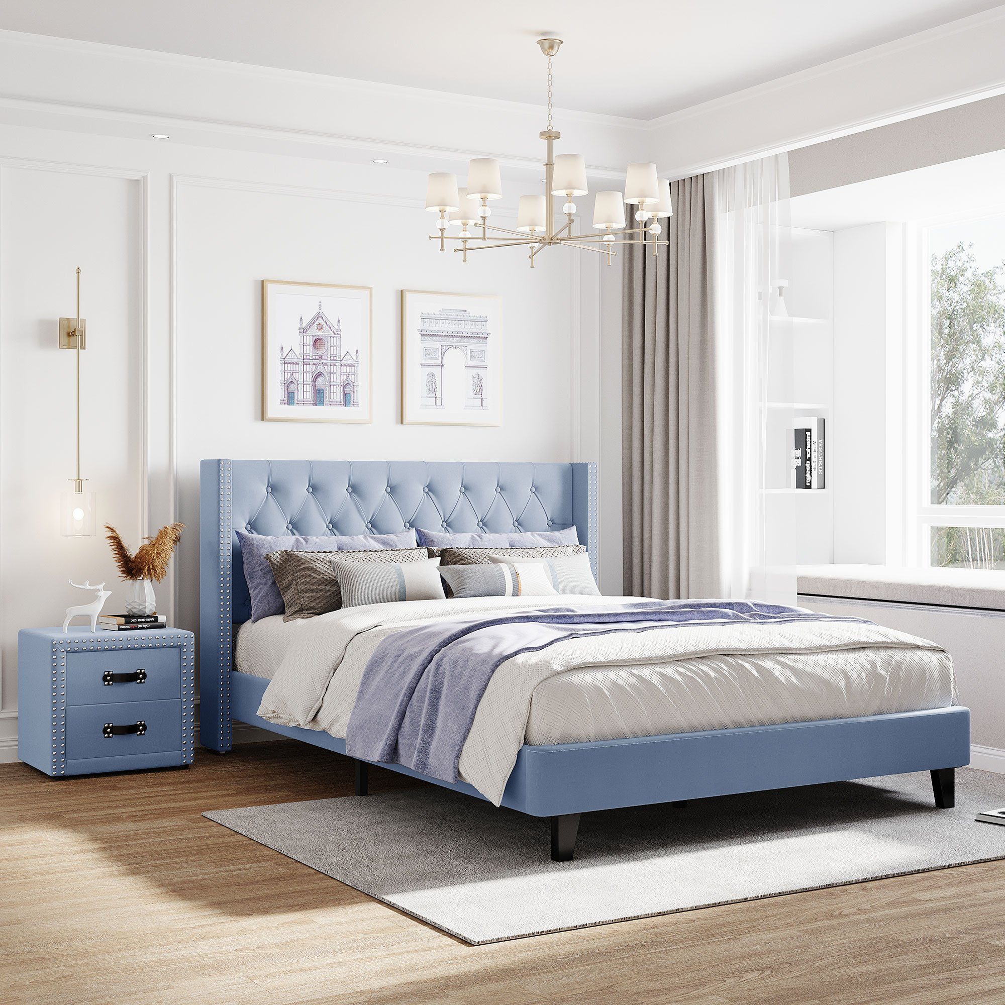 Schlafzimmer-Set Schubladen blau 2/1 Doppelbett m.2 Nachttische Polsterbett 140x200 Odikalo +