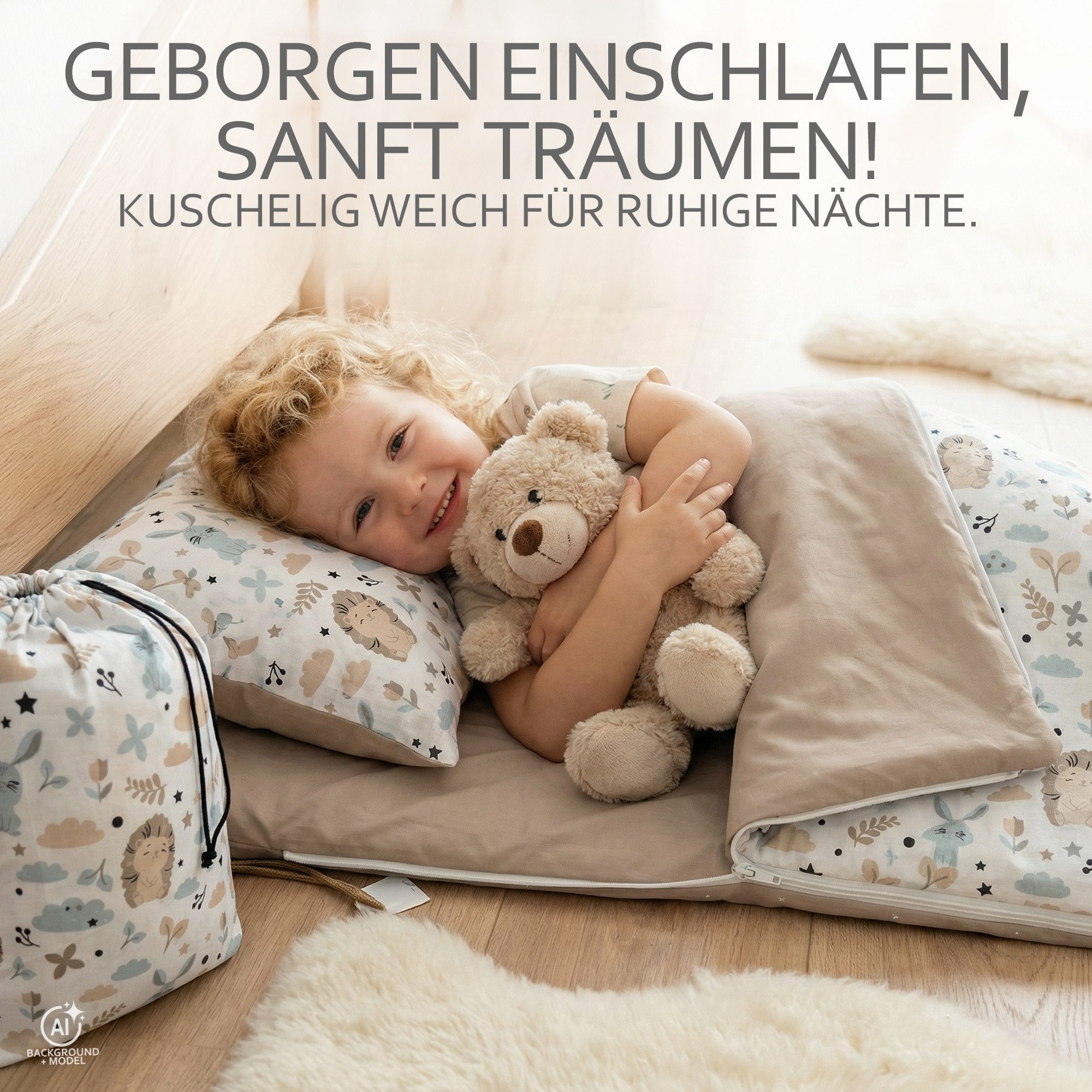 BambiniWelt by Rafael K. Kinderschlafsack Schlafsack mit Kissen & Reißverschluss für Kinder 3-7 Jahre 75x140 cm (Schlafsack mit Kissen und Transportbeutel), mit – Bild 2 von 5