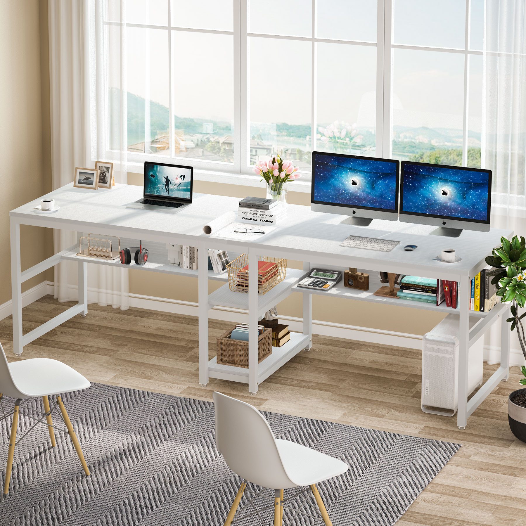 Tribesigns Doppelschreibtisch Schreibtisch, Computertisch mit Regalen, 200 cm Bürotisch