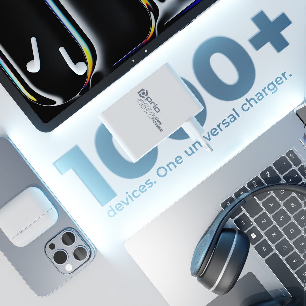 prio prio Wandladegerät GaN Power 100W PD PPS (USB-C) + QC 3.0 (USB-A) weiß Smartphone-Ladegerät (Ladegeräte, 1-tlg)