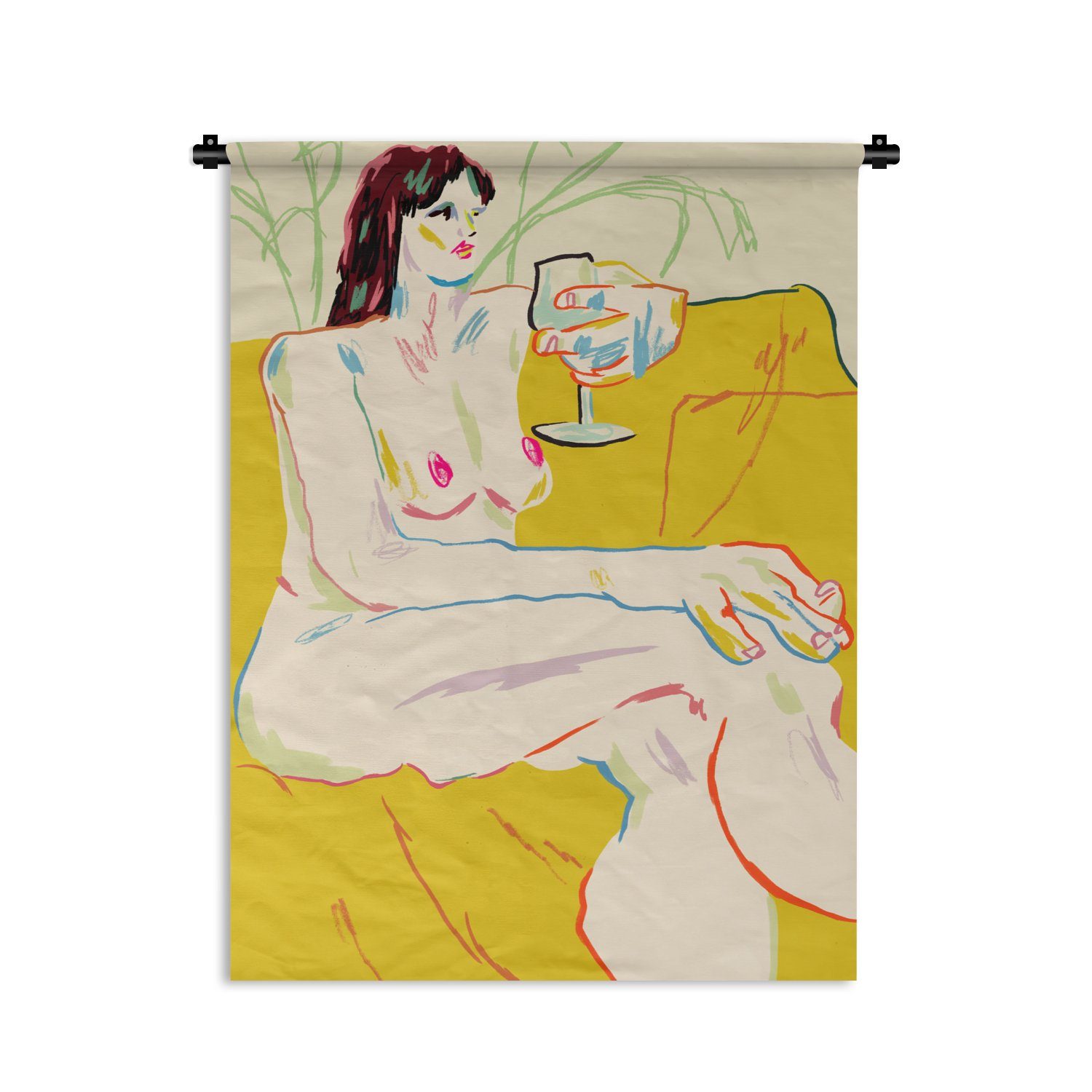 MuchoWow Wanddekoobjekt Frau - Kunst - Weinglas - Gelb, Deko für an der Wand, Wohnzimmer, Tapisserie, Schlafzimmer