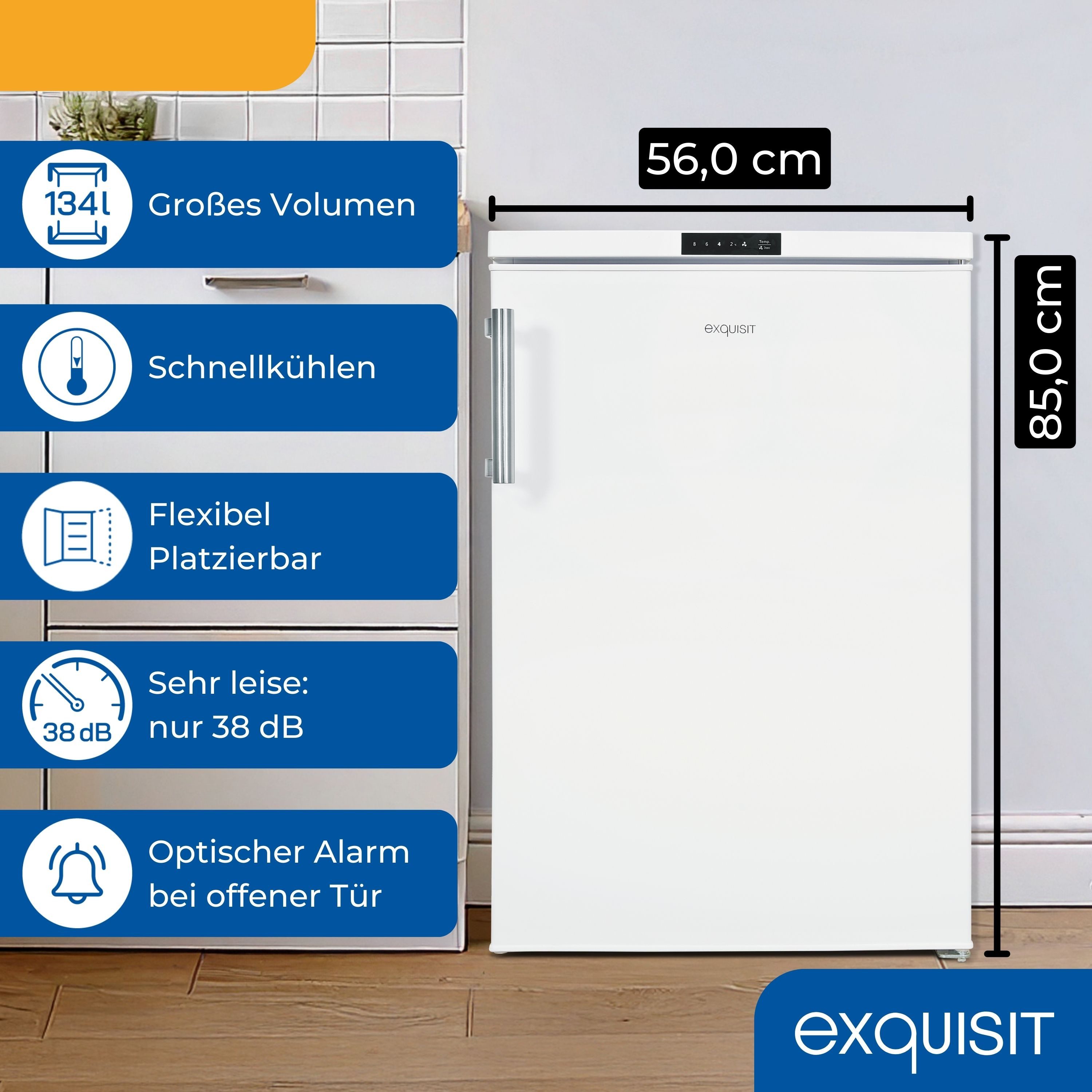 exquisit Kühlschrank KS516-V-HE-011D, 85 cm hoch, 56 cm breit, Schnellkühlenfunktion, Alarmfunktion, LED-Beleuchtung