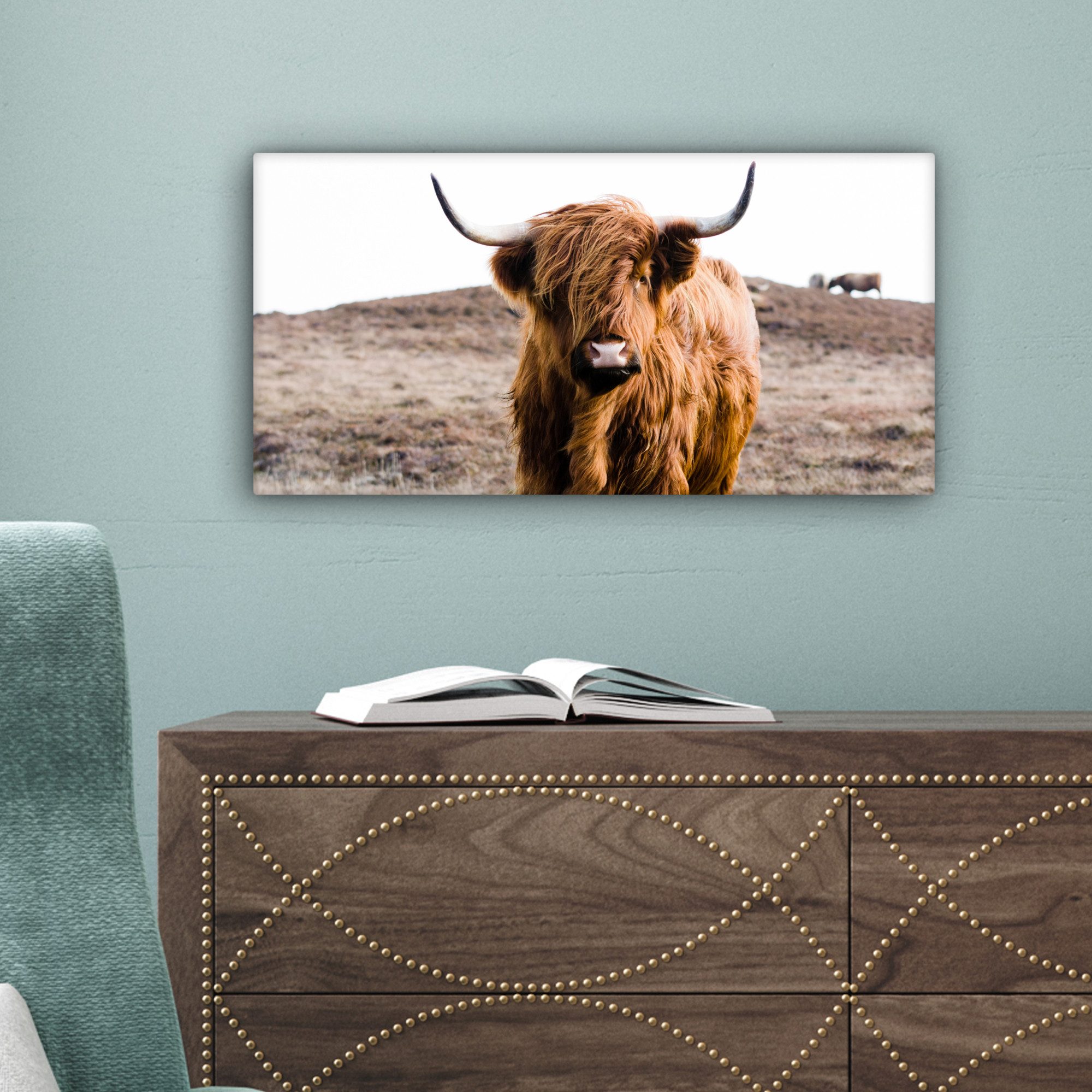 OneMillionCanvasses® Leinwandbild Panorama Schottische Highlander - Landschaft - Kuh - Braun - Tiere - N, Fotodruck (1 St), Wandbild, Deko Schlafzimmer Wohnzimmer Flur 40x20 cm