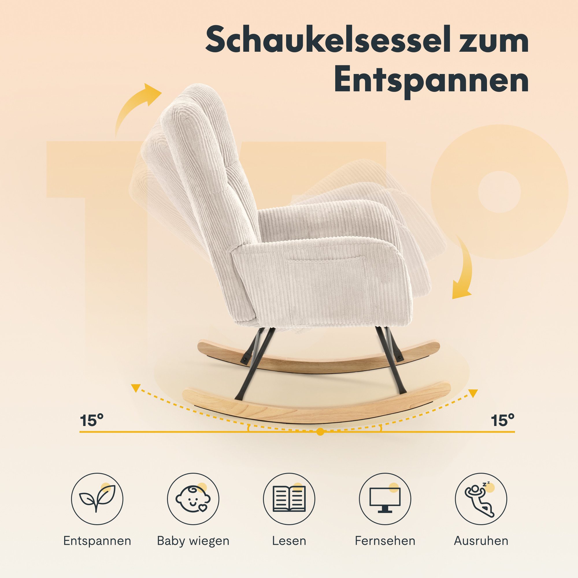 FLEXISPOT Schaukelstuhl mit Hoher Rückenlehne & Fußstütze, Relaxsessel, Schaukelsessel (Moderner Schwingsessel mit Holzkufen, mit Seitentasche), Gepolsterter Relaxsessel für Wohnzimmer & Schlafzimmer