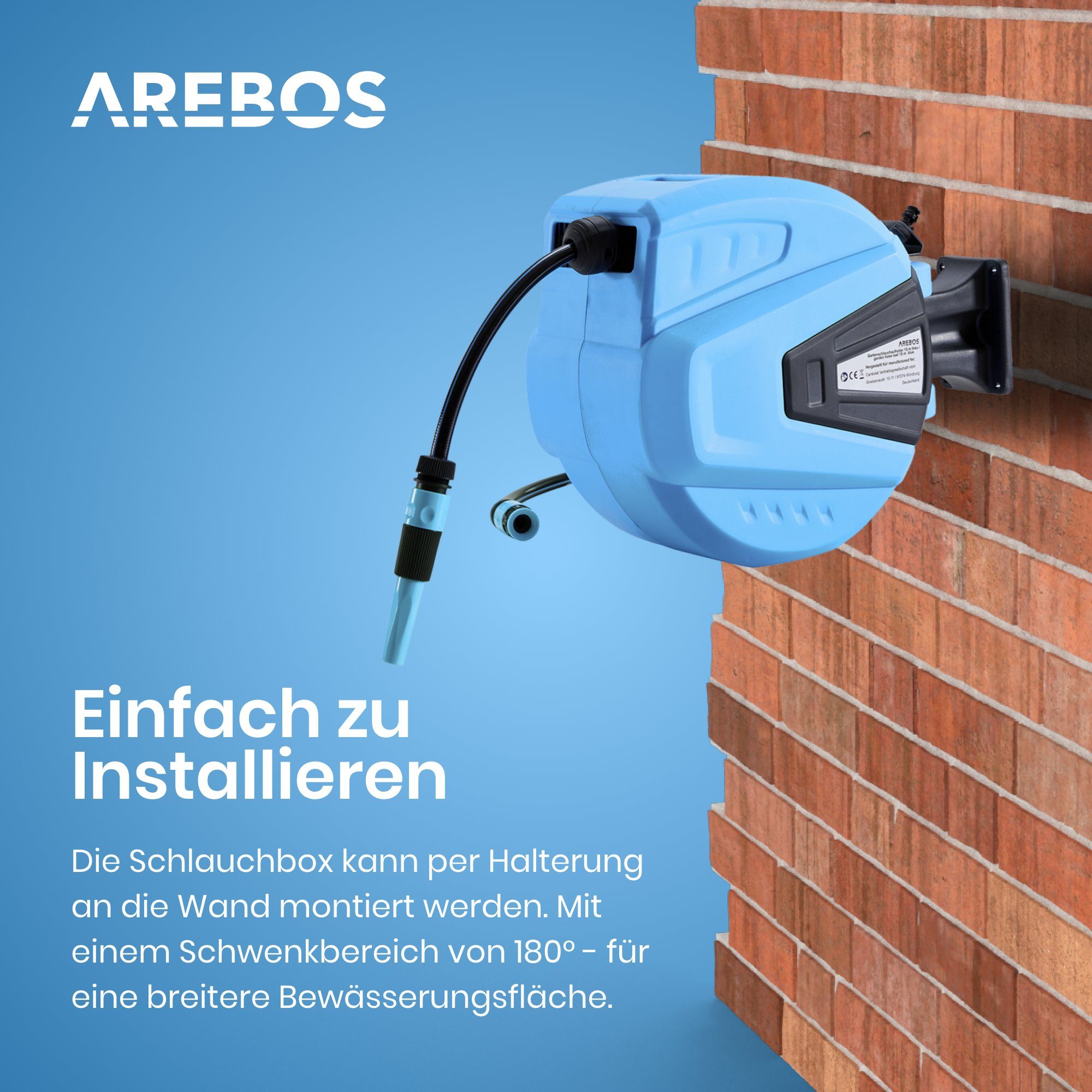 Arebos Schlauchaufroller 30 m, schwenkbare, Wand-Schlauchbox mit Arretierstop, (Stück, 30 m), UV-beständig Dank PVC & Polypropylen Gehäuse
