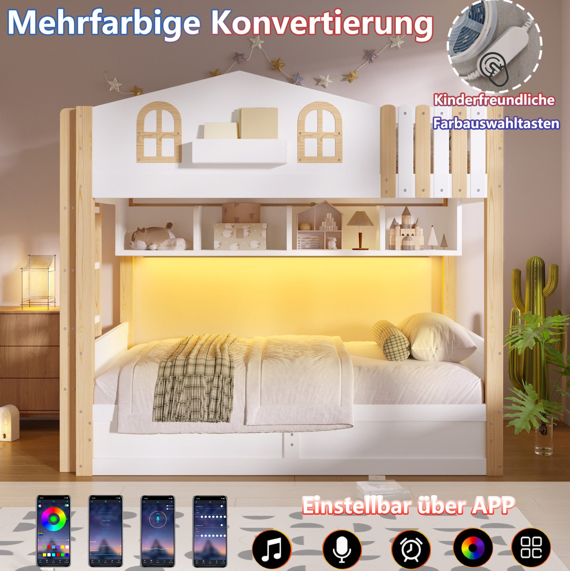 REDOM Etagenbett Kinderbett mit LED-Licht und cleverem Stauraum' (90x200 cm Gästebett mit hydraulischem Aufbewahrungssystem, Leiter und praktischem Regalbereich, Holzbett Jugendbett)