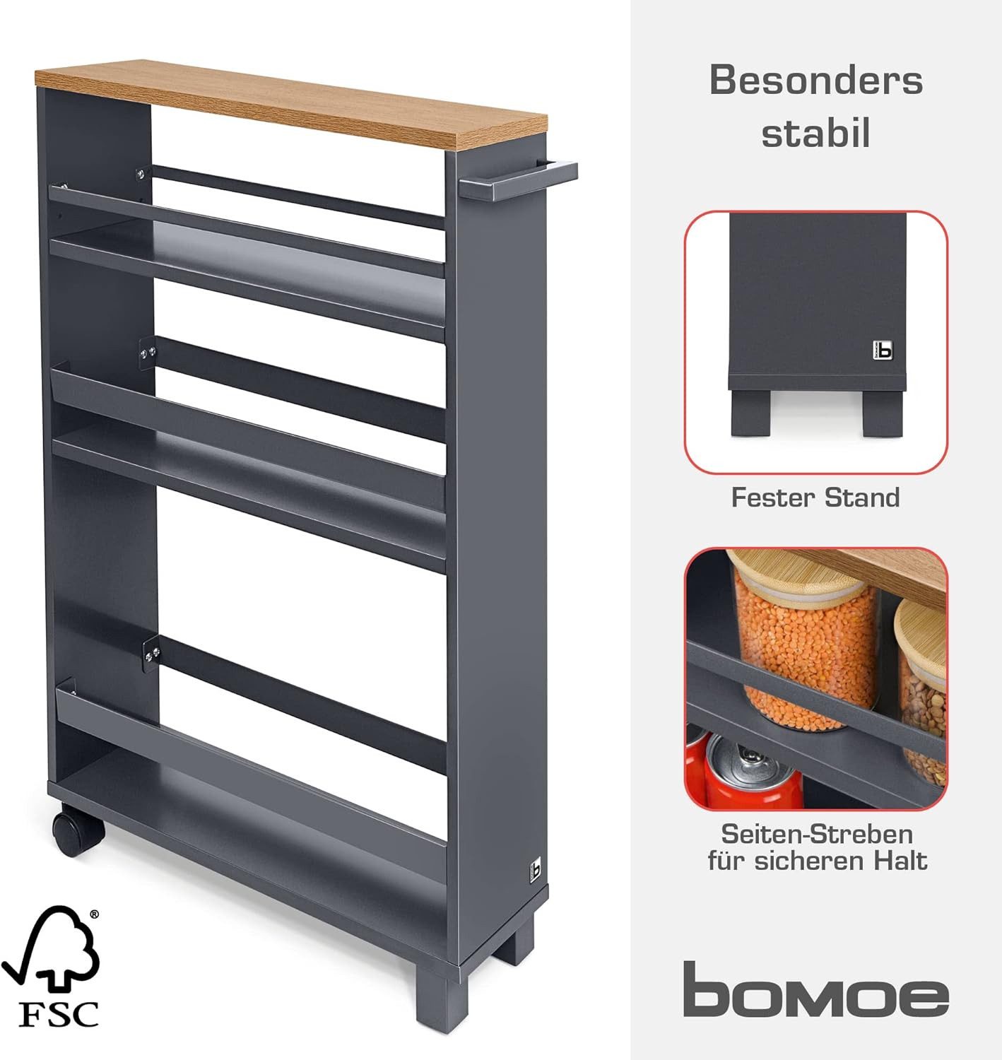 bomoe Küchenwagen Nischenregal 15cm breit Hylla, 79x50cm, Anthrazit, Küchenwagen Küchenregal Schmal – Rollwagen 3 Fächer & Arbeitsplatz
