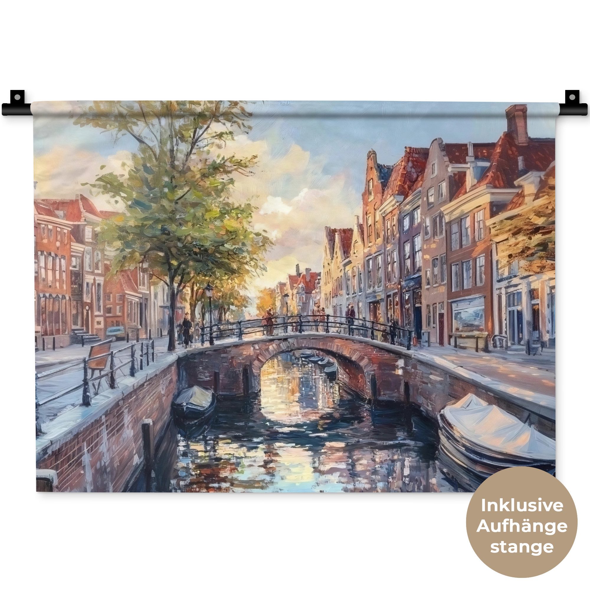 MuchoWow Wandteppich Brücke - Stadt - Häuser - Boot, Rechteckig, Höhe: 3 mm, Wanddeko Teppich Wohnzimmer, Schlafzimmer, 60x45 cm