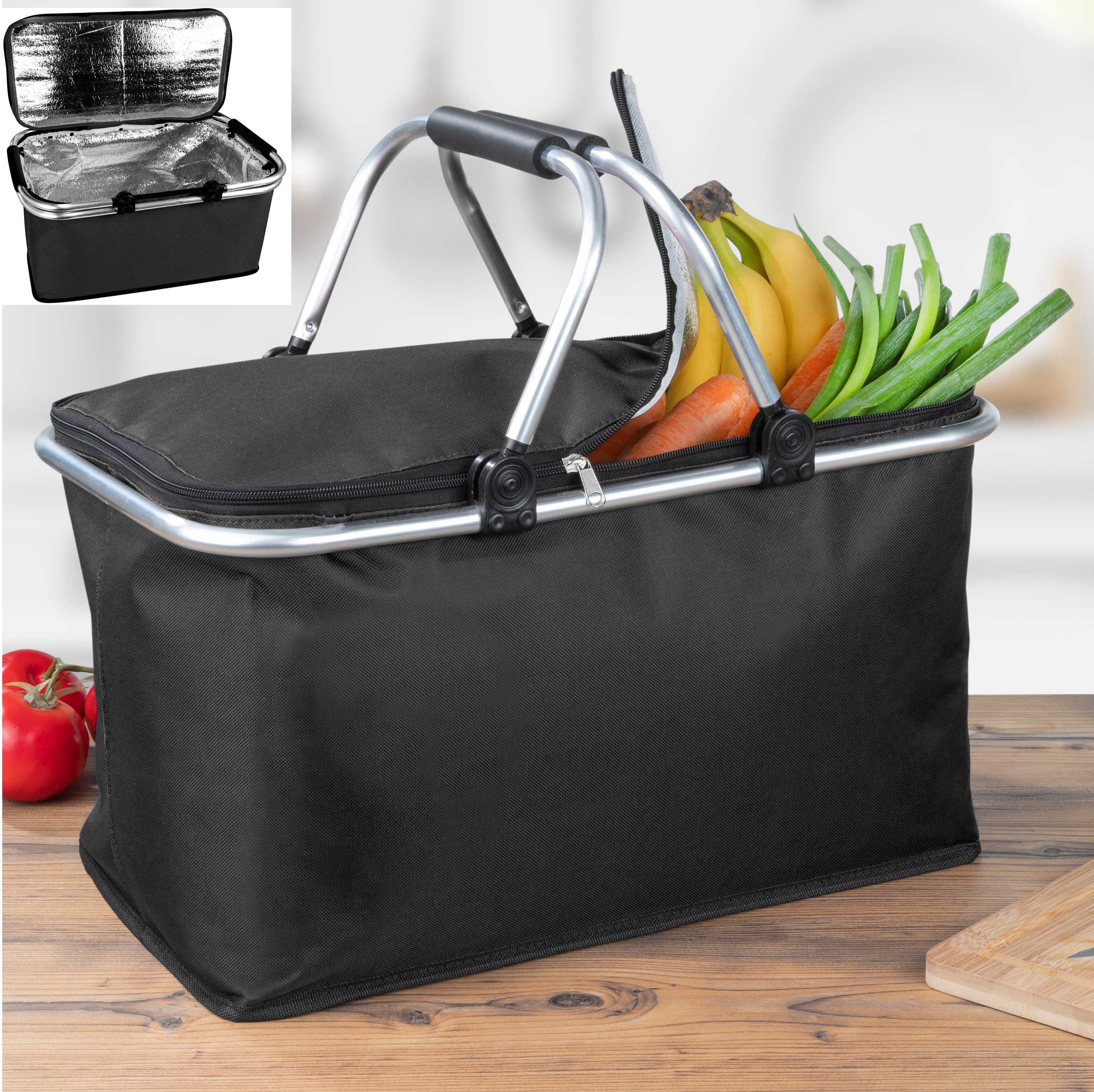 Ebaxx Einkaufskorb Alu Thermo Korb Klapp Kühltasche faltbar Picknick Camping Schwarz