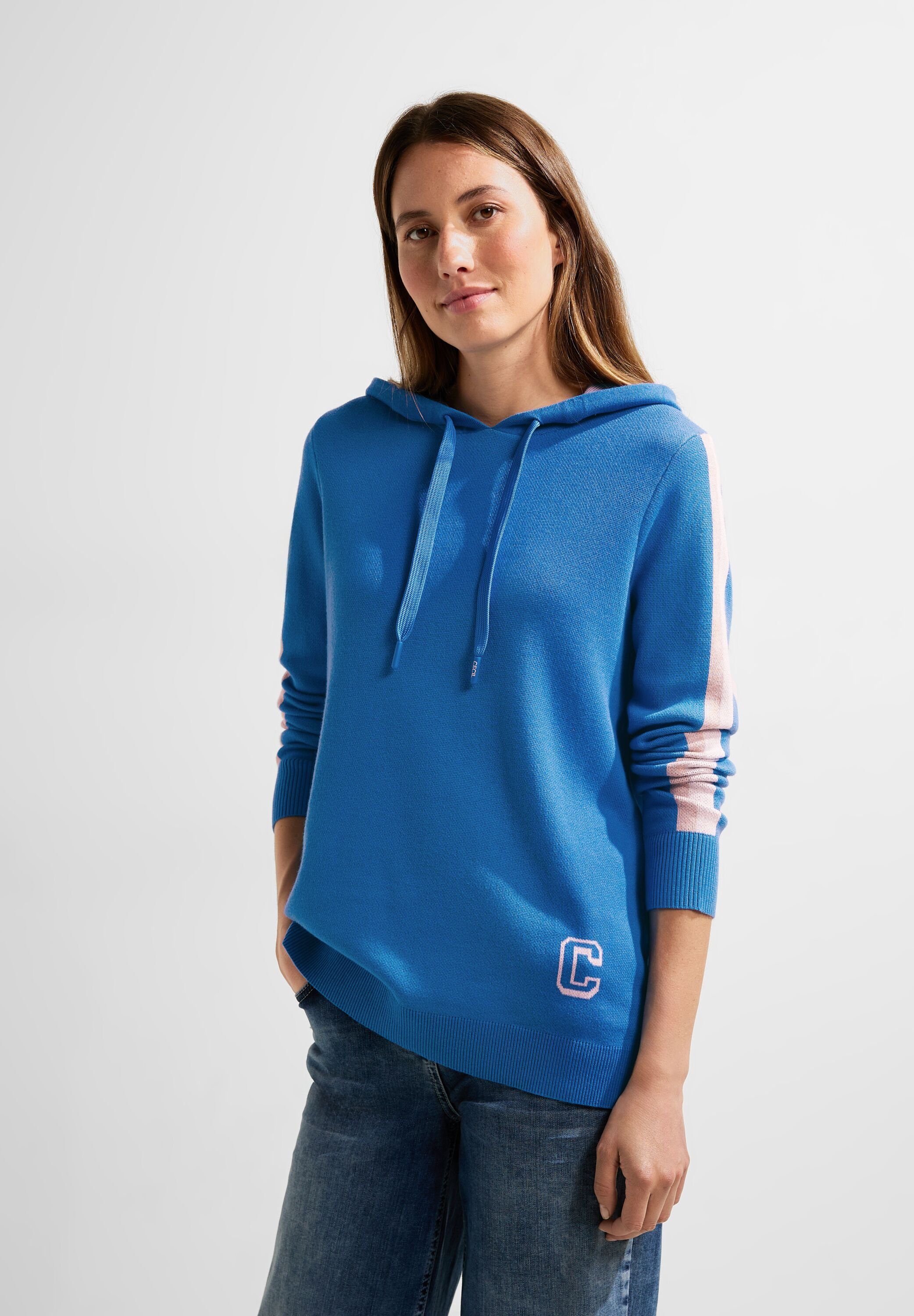 Cecil Strickpullover Cecil College Jacquard Pullover in Dynamic Blue (1-tlg) Kapuze | Sweatshirts
