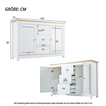Flieks Sideboard (120x35x80 cm, 1 St), Kommode mit 2 Türen und 3 Schubladen Anrichte Wohnzimmer, Weiß