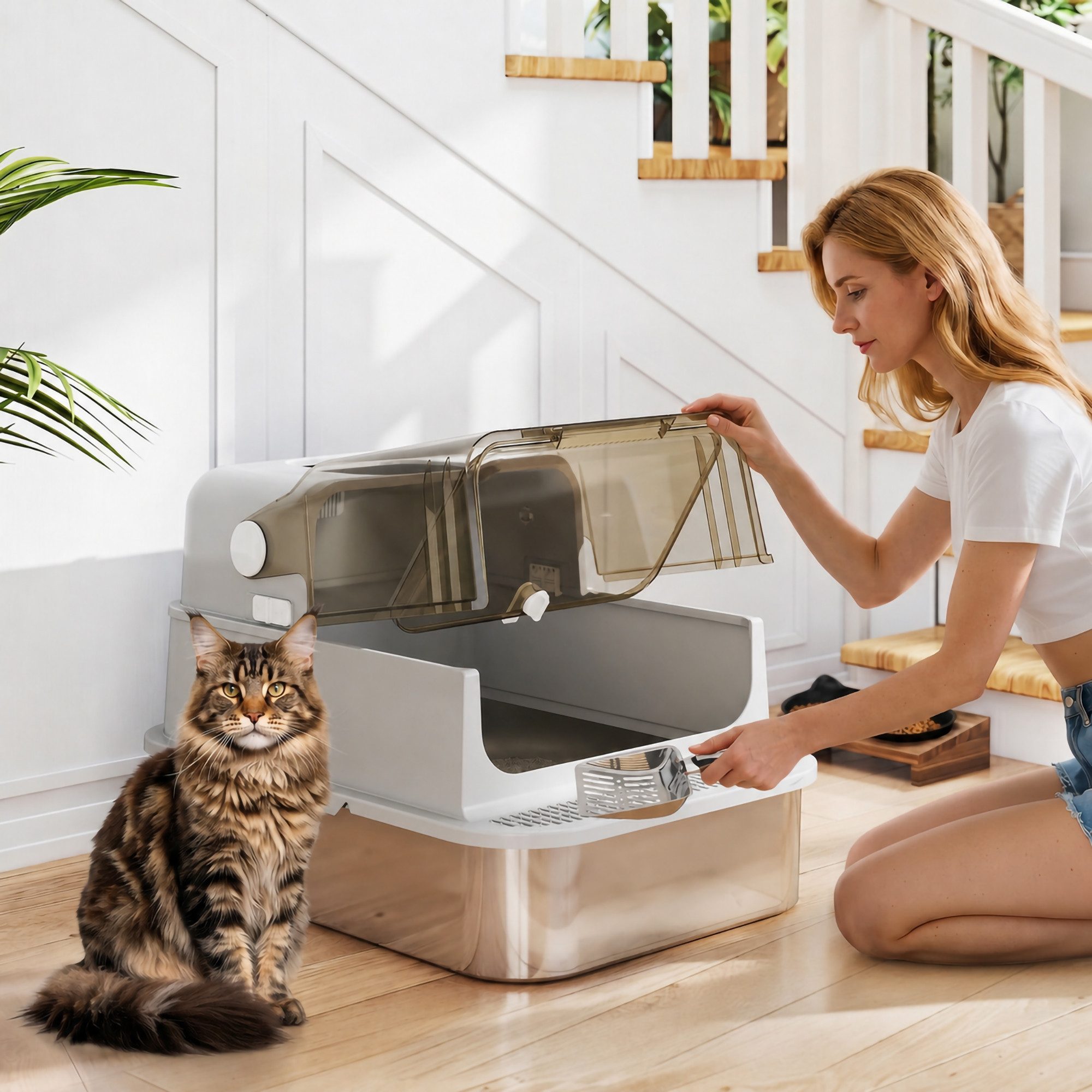 PawHut Katzentoilette Katzenklo Edelstahl mit Doppeltüren, Leicht zu Reinigen, für große Katzen bis zu 15 kg, 70x50x46,5cm Grau