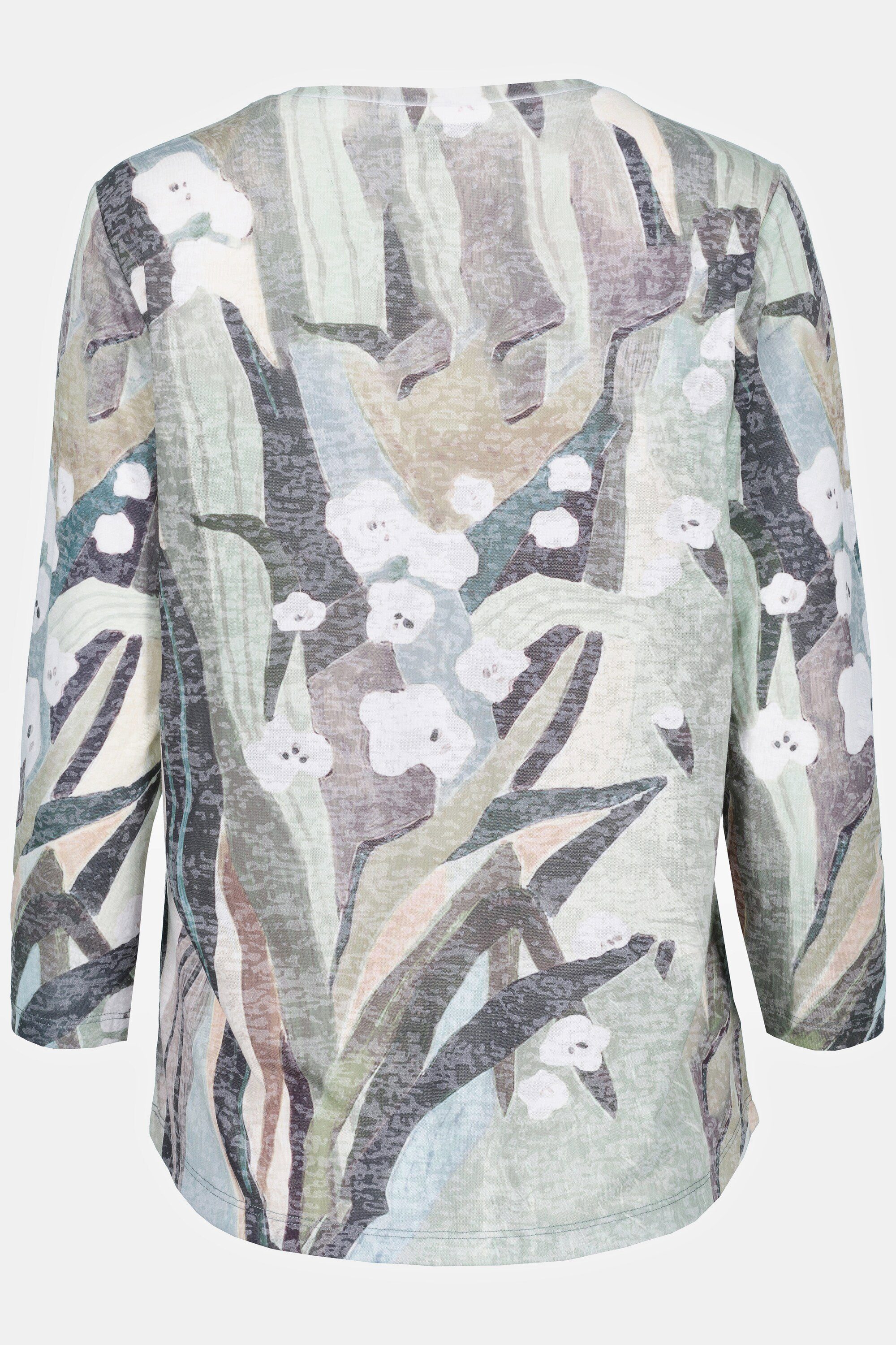 Gina Laura Rundhalsshirt 3/4-Arm Ziersteine Blüten Shirt Rundhals