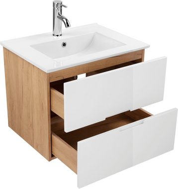andas Waschtisch Lund Badmöbel Schrank Unterschrank mit Becken (Set), Waschplatz mit 2 Auszügen und Waschbecken Breite 60cm