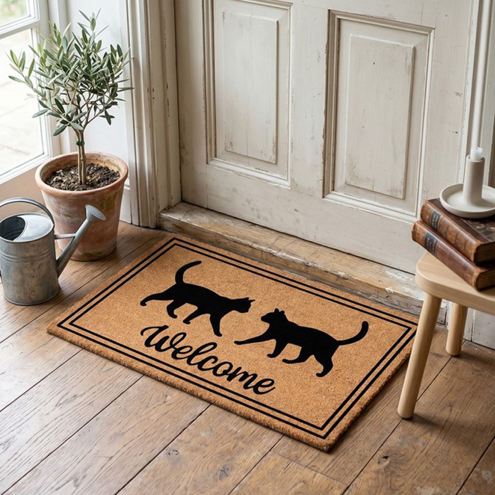 Clayre & Eef Fußmatte Fußmatte CATTY natur schwarz mit Welcome Schrift und Katzenmotiv 75x45