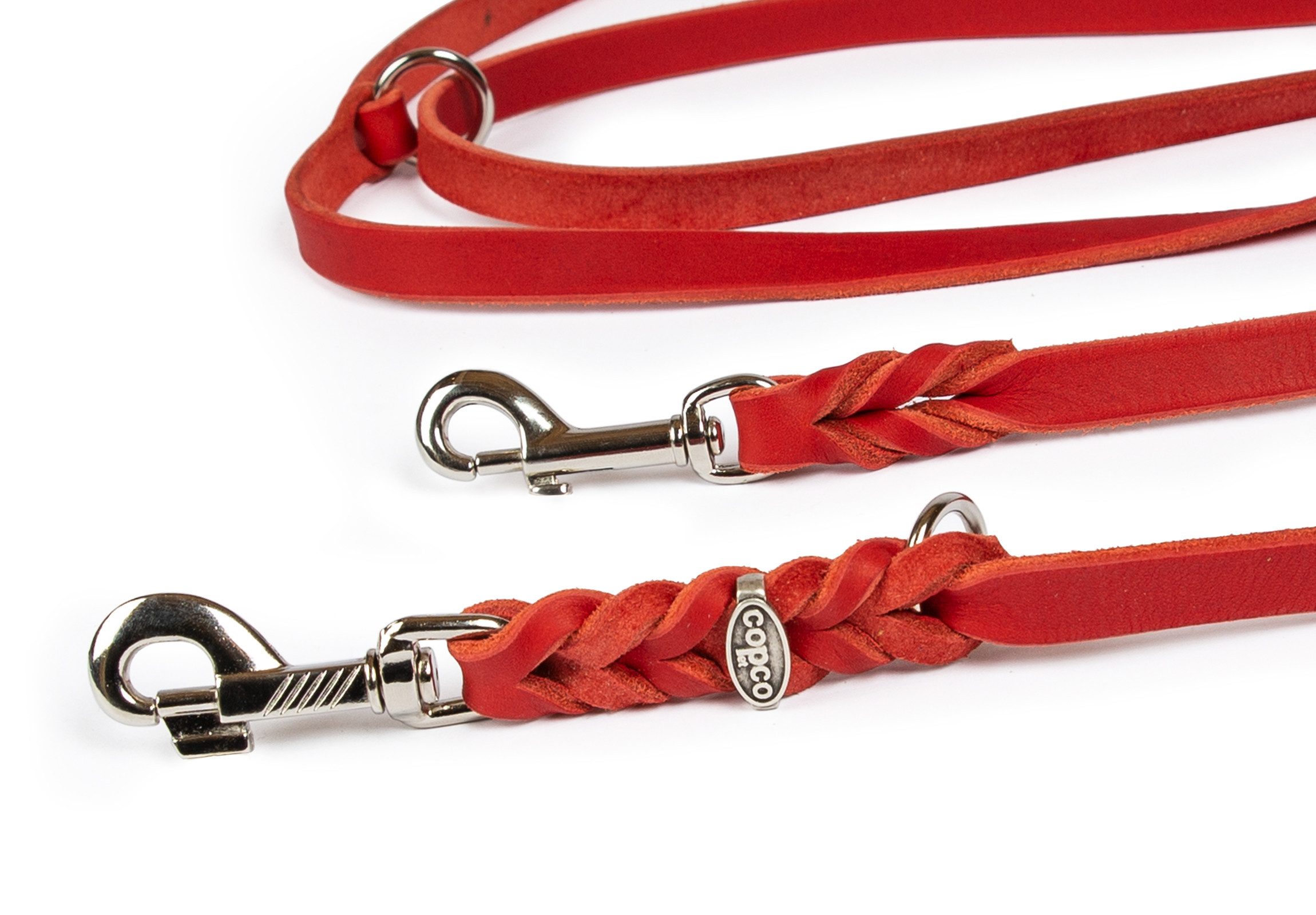 CopcoPet Hundeleine Fettlederleine Hundeleine geflochten dreifach verstellbar, Leder, Führerleine, zum umhängen, pflanzlich gegerbt, verschiedene größen