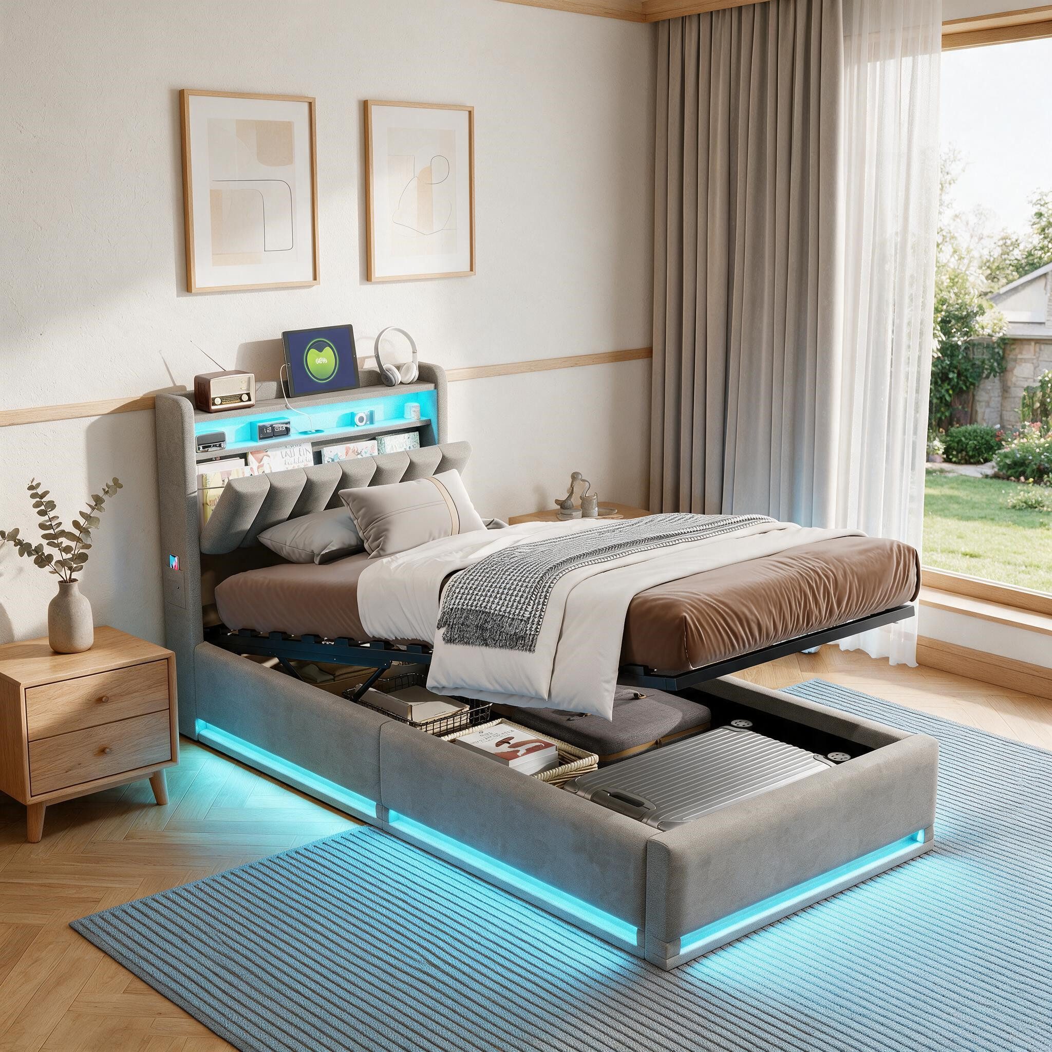 Simurq Stauraumbett Einzel‑Bettkasten 90x200, gepolstert aus Samt, mit Stauraum, LED, USB