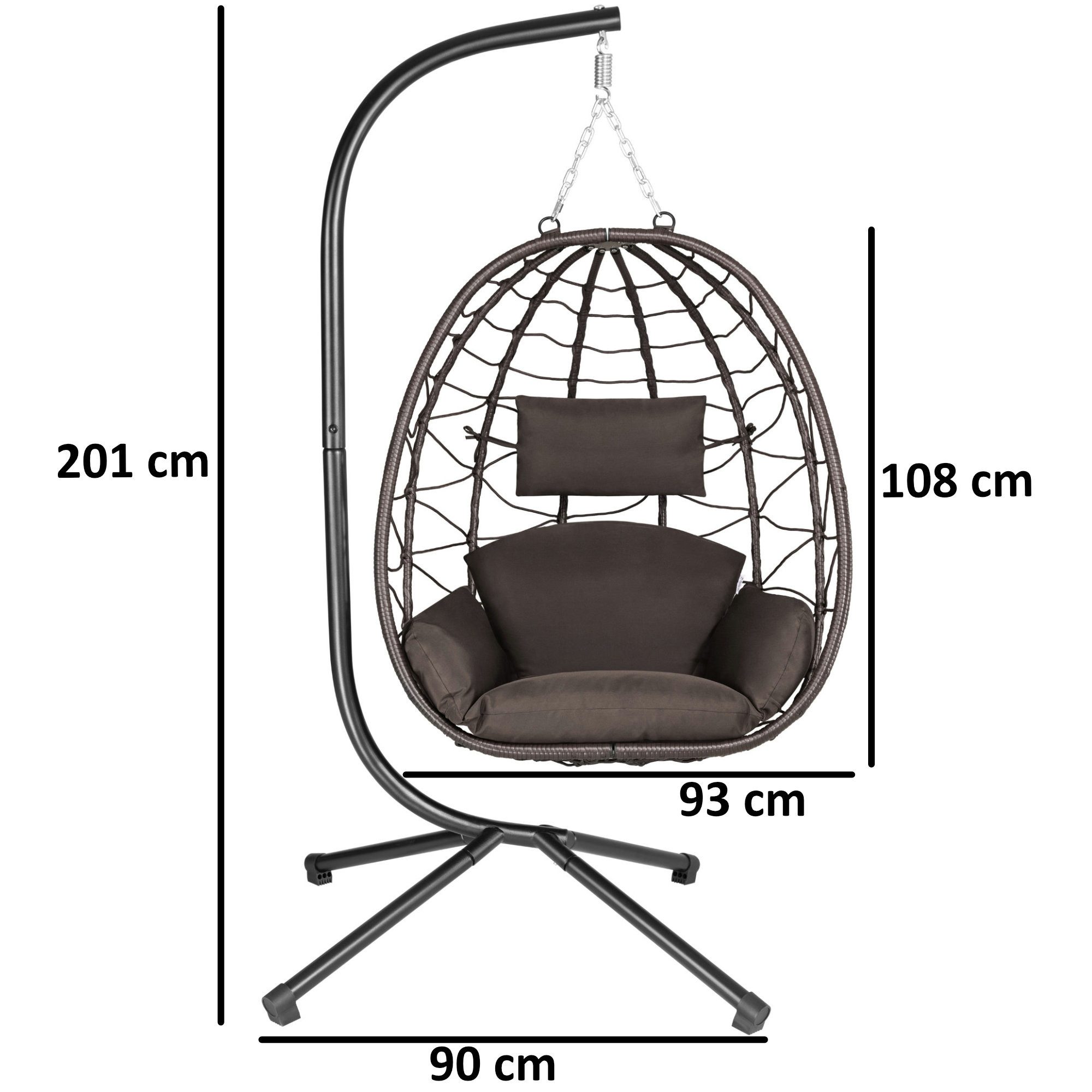 HinHocker Hängesessel Hängesessel mit Gestell, Braun, Hängeschaukel für Indoor und Outdoor (Hängesessel bestehend aus Korb und Gestell, Sitzpolster, Kissen), faltbar